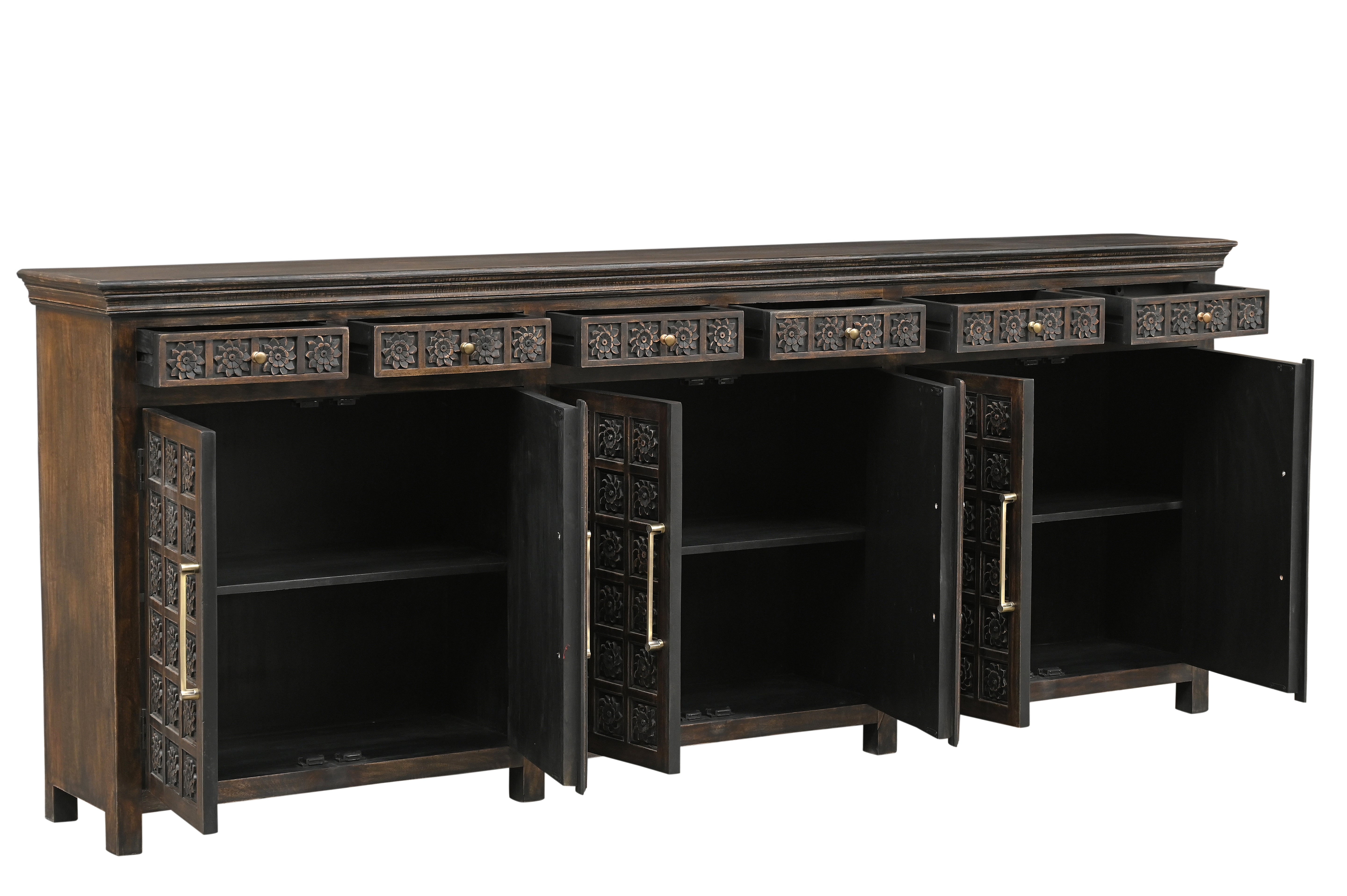 107" Brown Distressed Solid Wood Carved Floral Six Drawer Sideboard with Six Doors-2