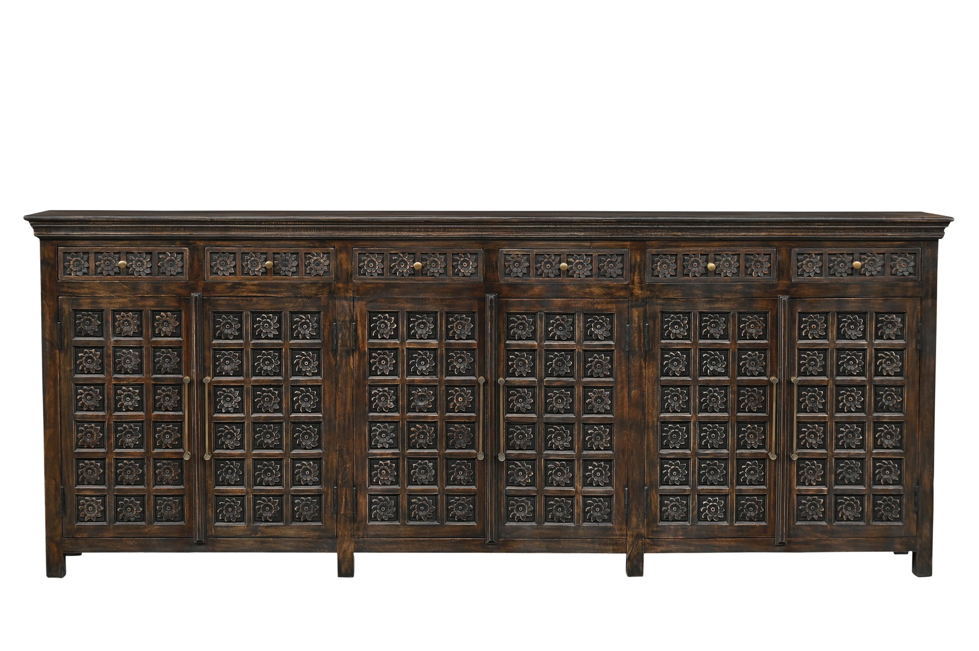 107" Brown Distressed Solid Wood Carved Floral Six Drawer Sideboard with Six Doors-3