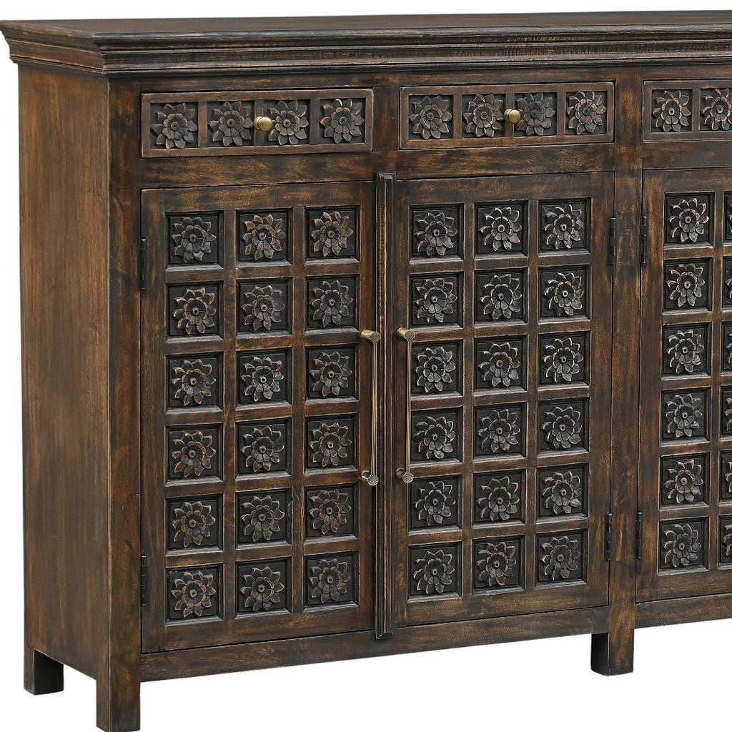 107" Brown Distressed Solid Wood Carved Floral Six Drawer Sideboard with Six Doors-6