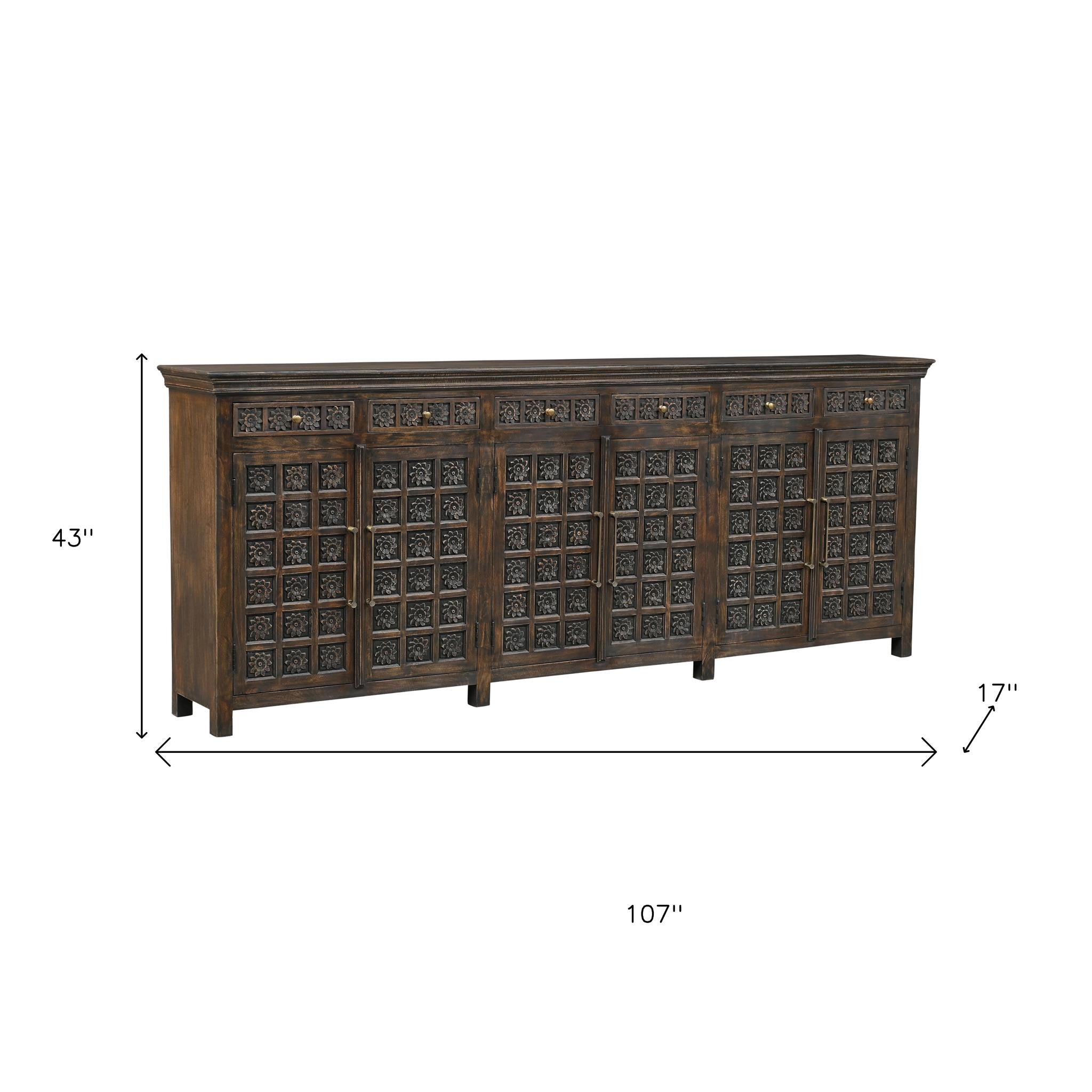 107" Brown Distressed Solid Wood Carved Floral Six Drawer Sideboard with Six Doors-8