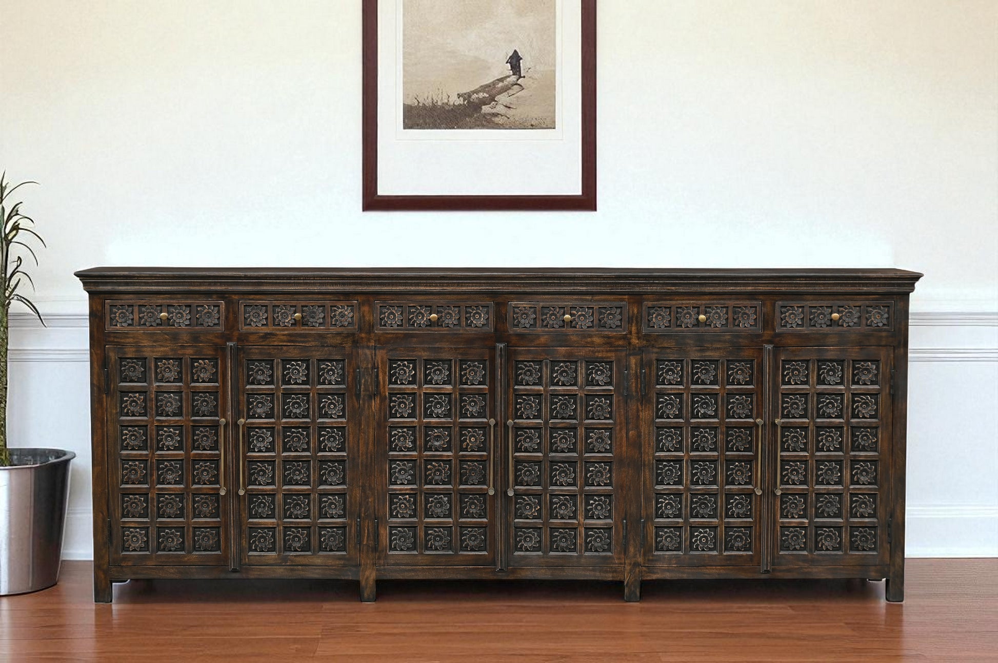 107" Brown Distressed Solid Wood Carved Floral Six Drawer Sideboard with Six Doors-1