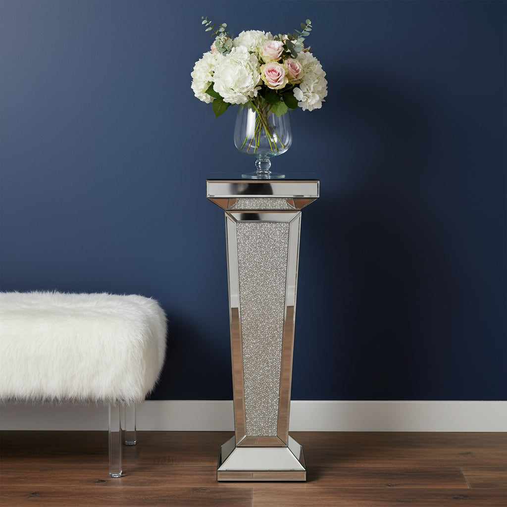 35" Silver Mirrored Glass And Faux Crystals Pedestal Accent Table-0