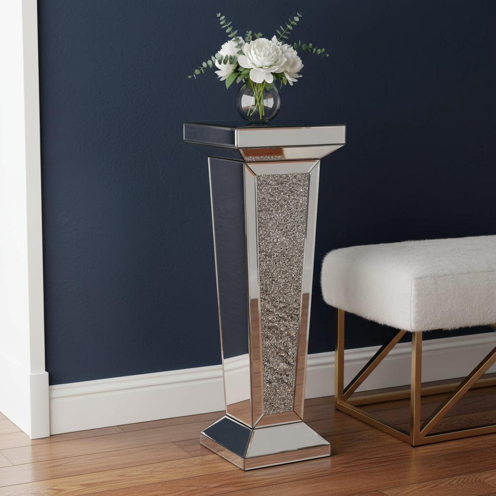 35" Silver Mirrored Glass And Faux Crystals Pedestal Accent Table-1