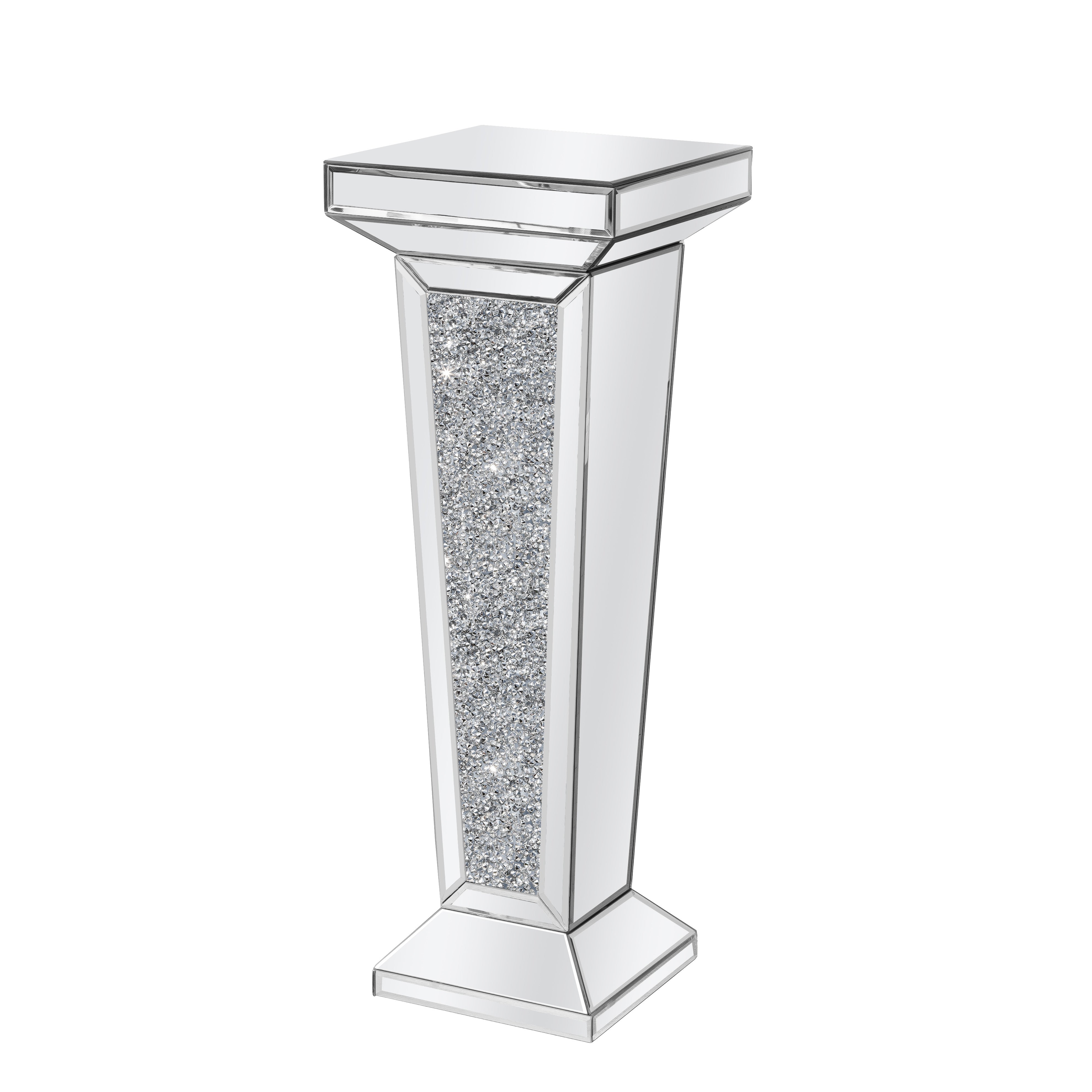 35" Silver Mirrored Glass And Faux Crystals Pedestal Accent Table-2