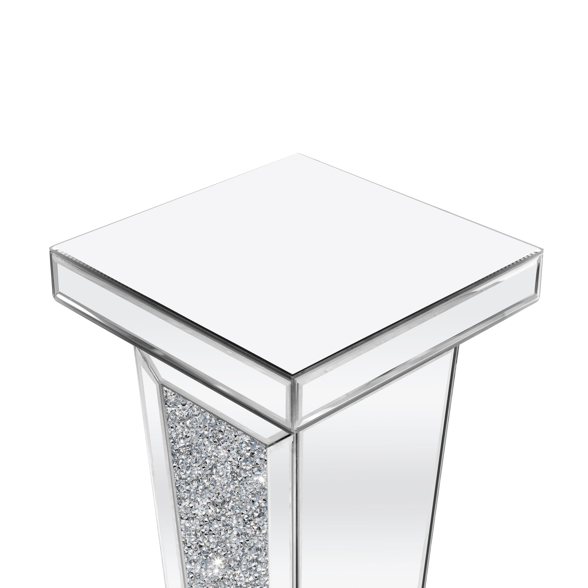 35" Silver Mirrored Glass And Faux Crystals Pedestal Accent Table-5