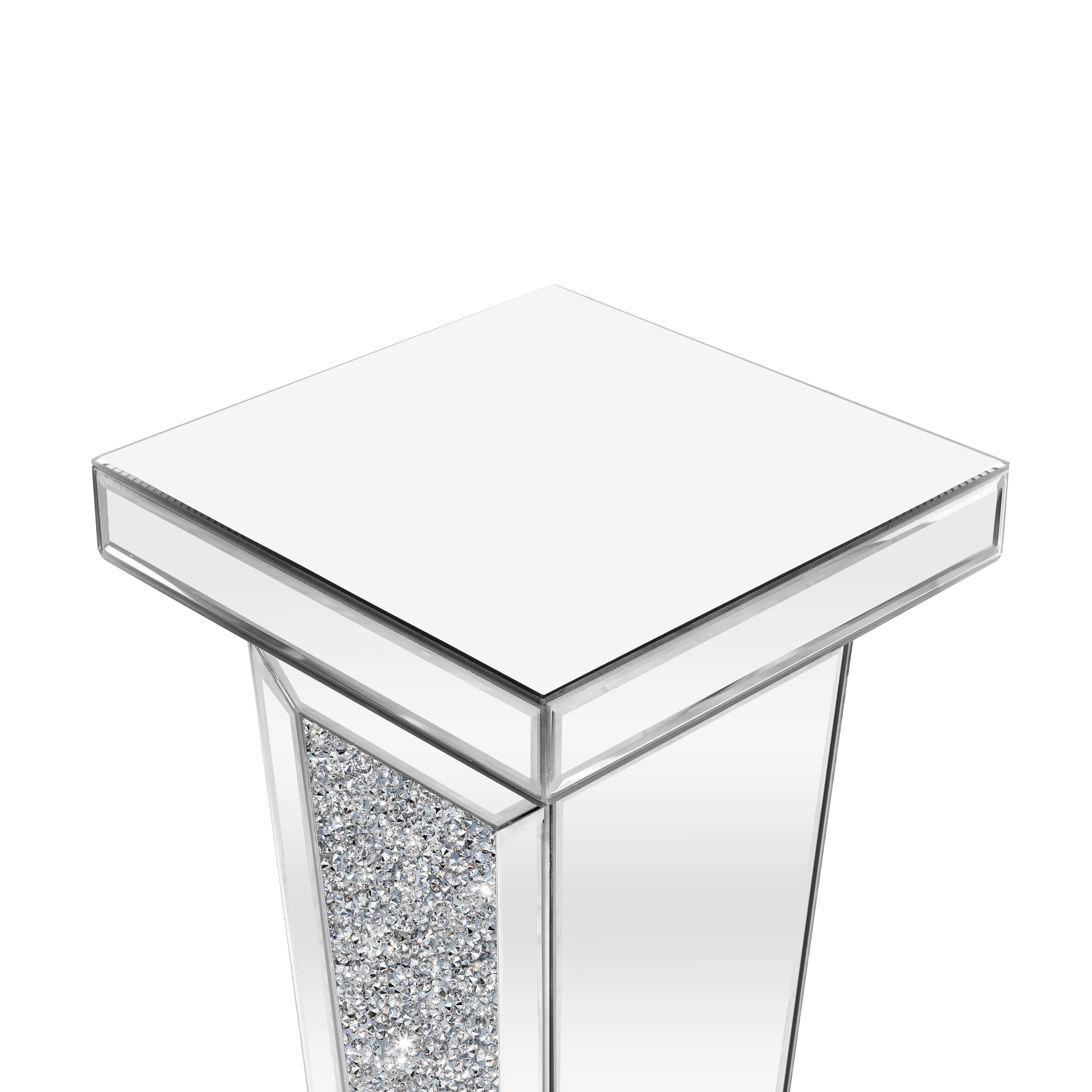 35" Silver Mirrored Glass And Faux Crystals Pedestal Accent Table-5