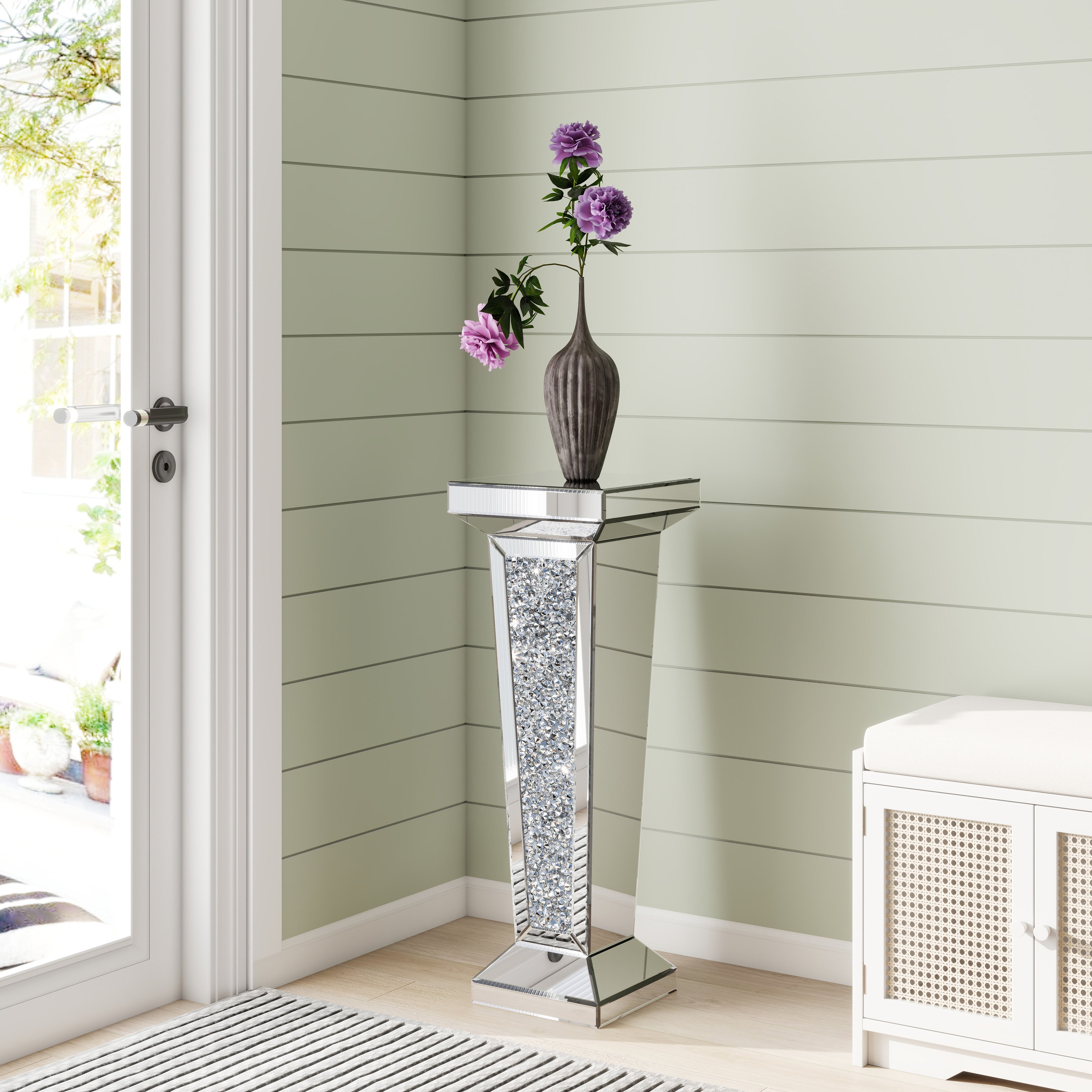 35" Silver Mirrored Glass And Faux Crystals Pedestal Accent Table-8