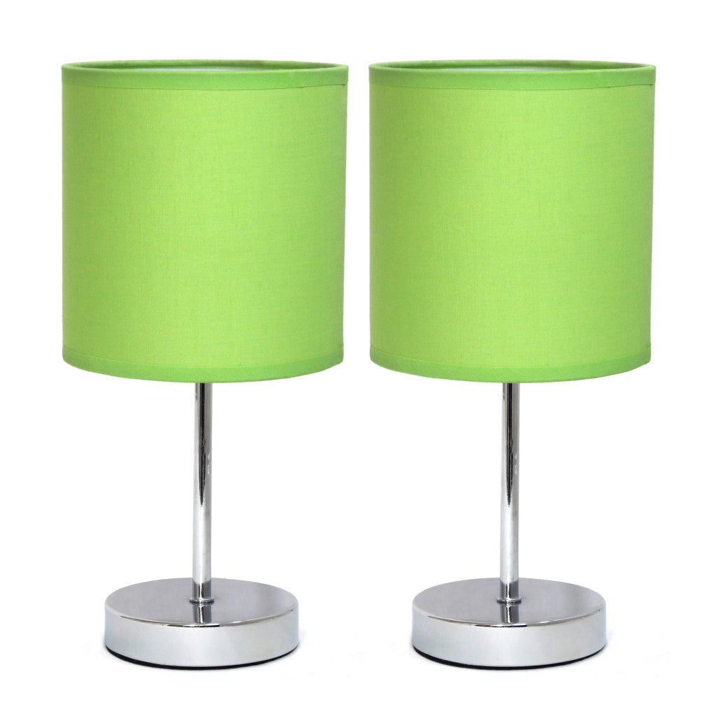 Set of Two 12" Silver Metal Table Lamp With Green Drum Shade-Table Lamps-DECOROLALA
