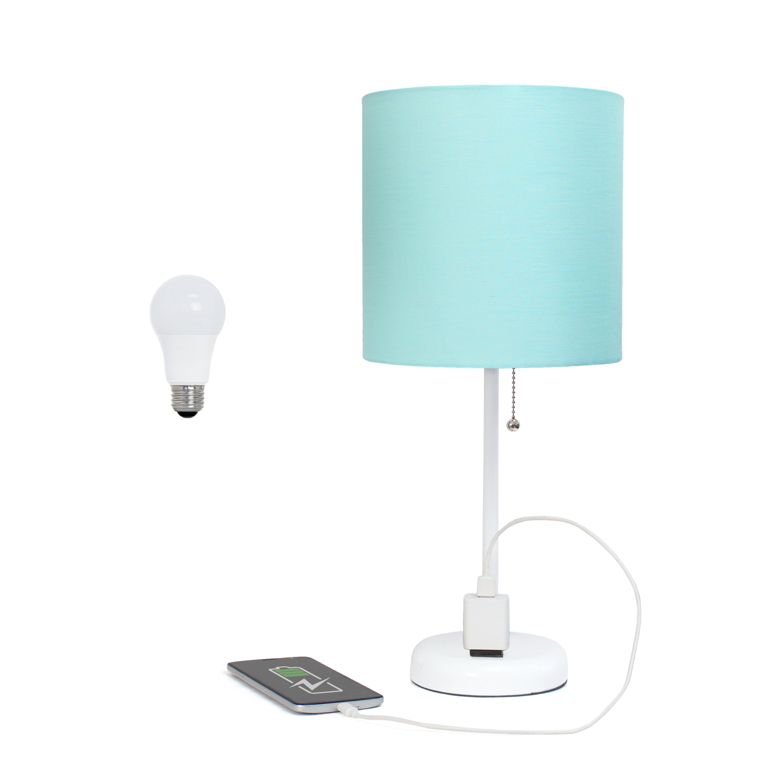 20" White Metal Table Lamp LED With Aqua Drum Shade-Table Lamps-DECOROLALA
