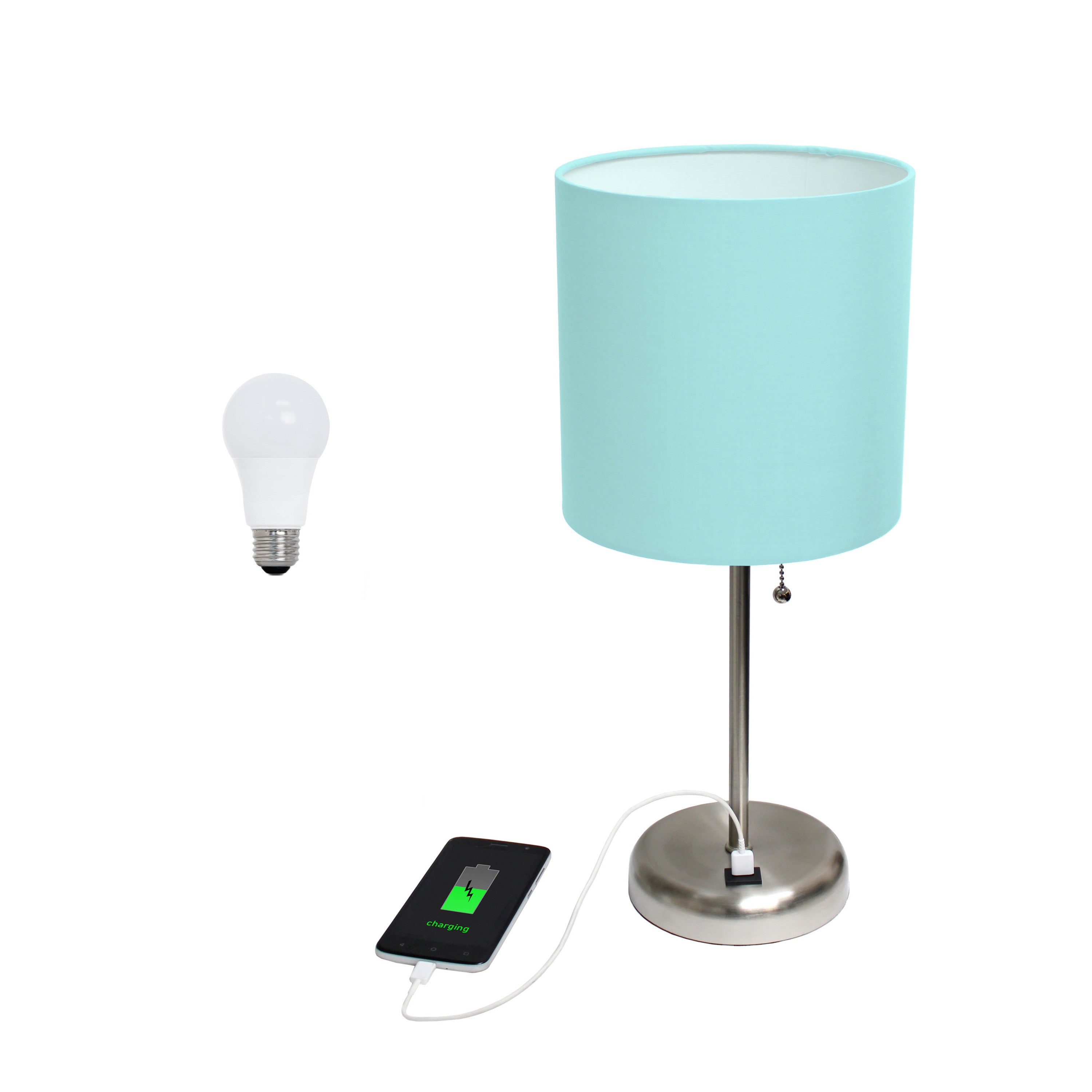 20" Silver Metal USB Table Lamp LED With Aqua Drum Shade-Table Lamps-DECOROLALA