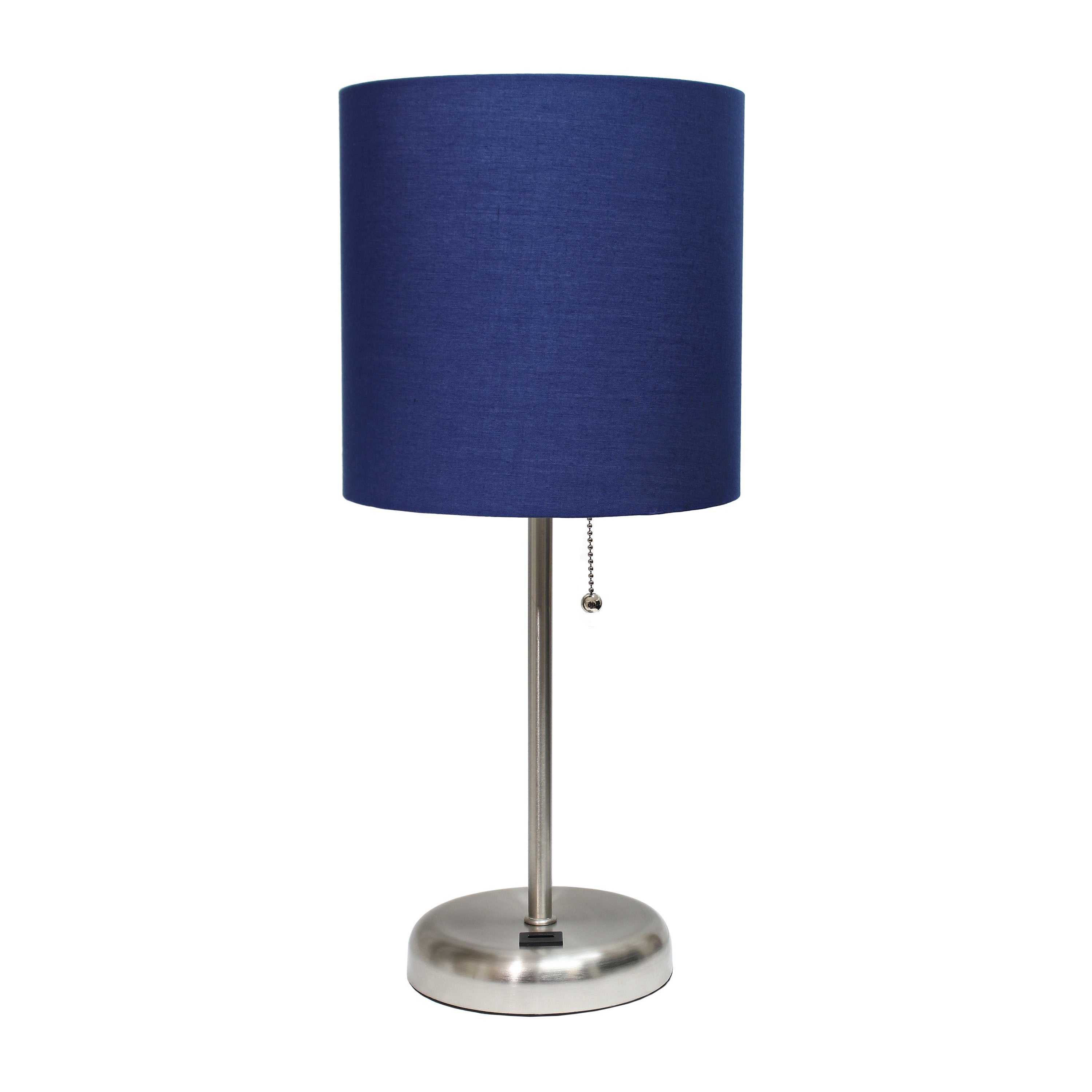 20" Silver Metal USB Table Lamp With Navy Blue Drum Shade-Table Lamps-DECOROLALA