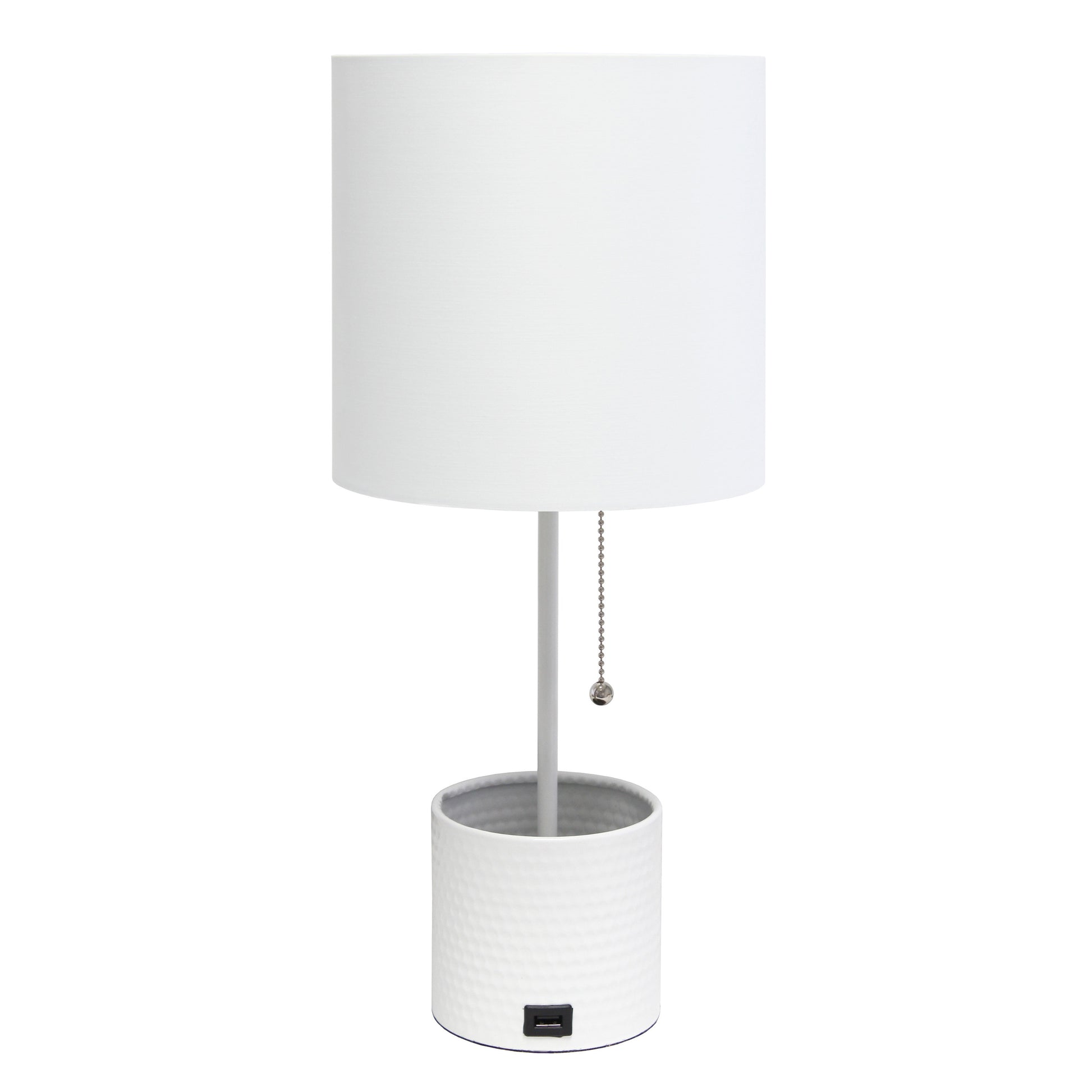 19" White Metal USB Table Lamp With White Drum Shade-Table Lamps-DECOROLALA