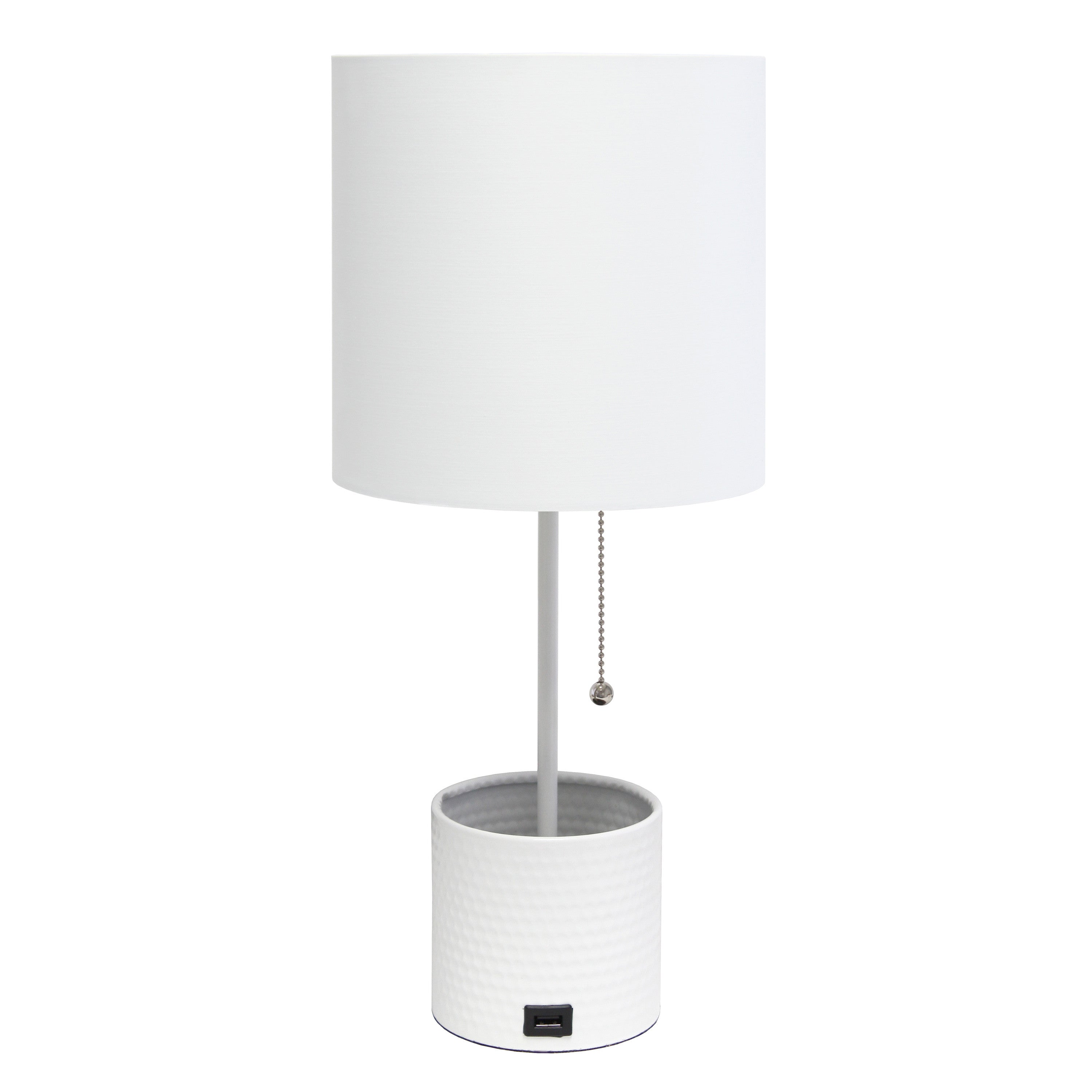 19" White Metal USB Table Lamp With White Drum Shade-Table Lamps-DECOROLALA