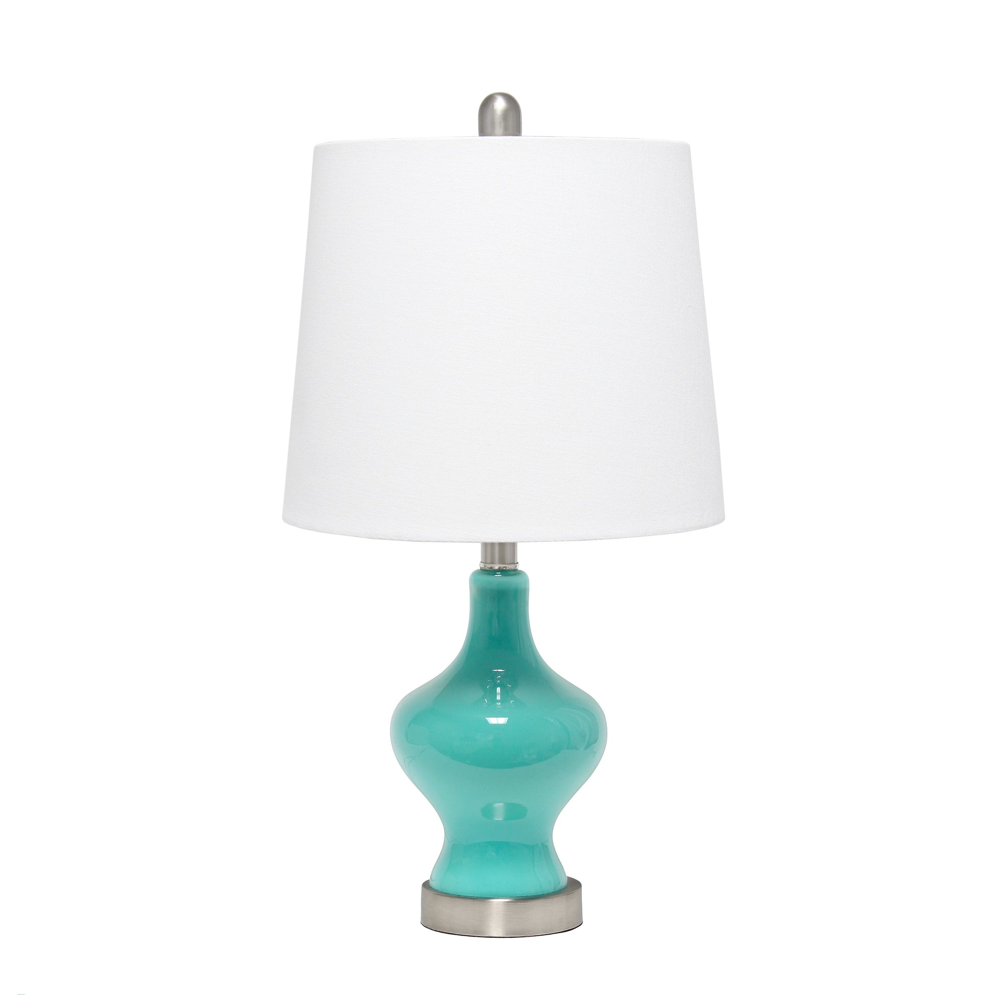 23" Teal Blue And Silver Glass And Metal Novelty Table Lamp With White Drum Shade-Table Lamps-DECOROLALA