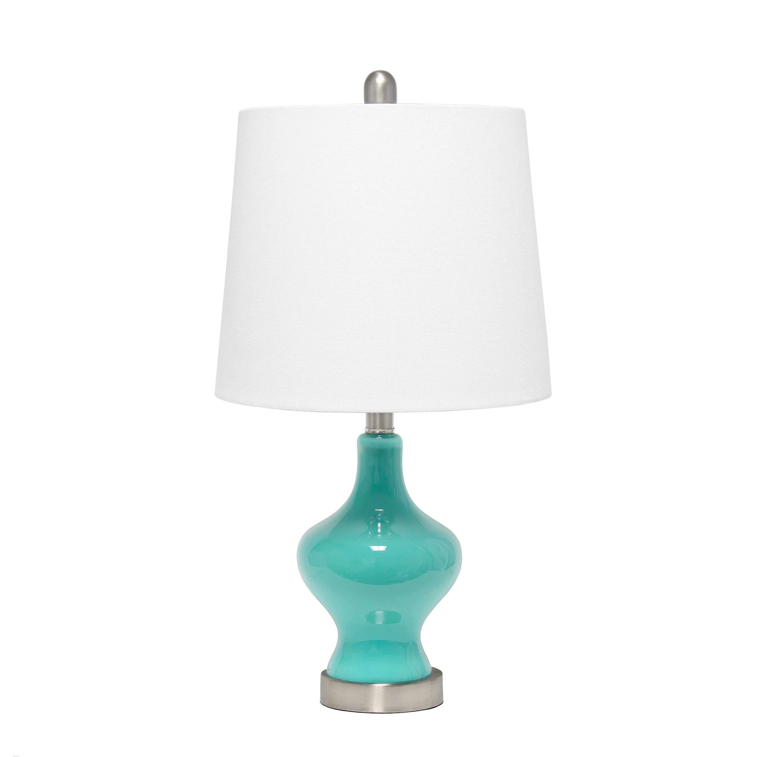 23" Teal Blue And Silver Glass And Metal Novelty Table Lamp With White Drum Shade-Table Lamps-DECOROLALA