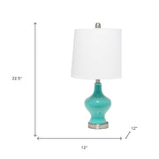 23" Teal Blue And Silver Glass And Metal Novelty Table Lamp With White Drum Shade-Table Lamps-DECOROLALA