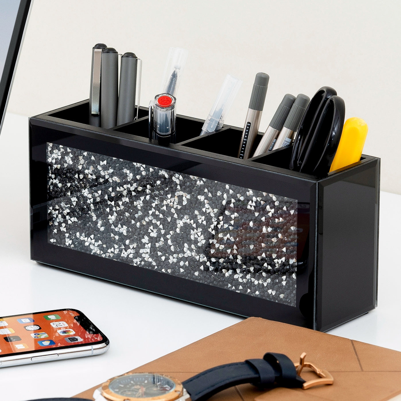 9" Black Wood Jewelry Organizer Tray With Inlays-0