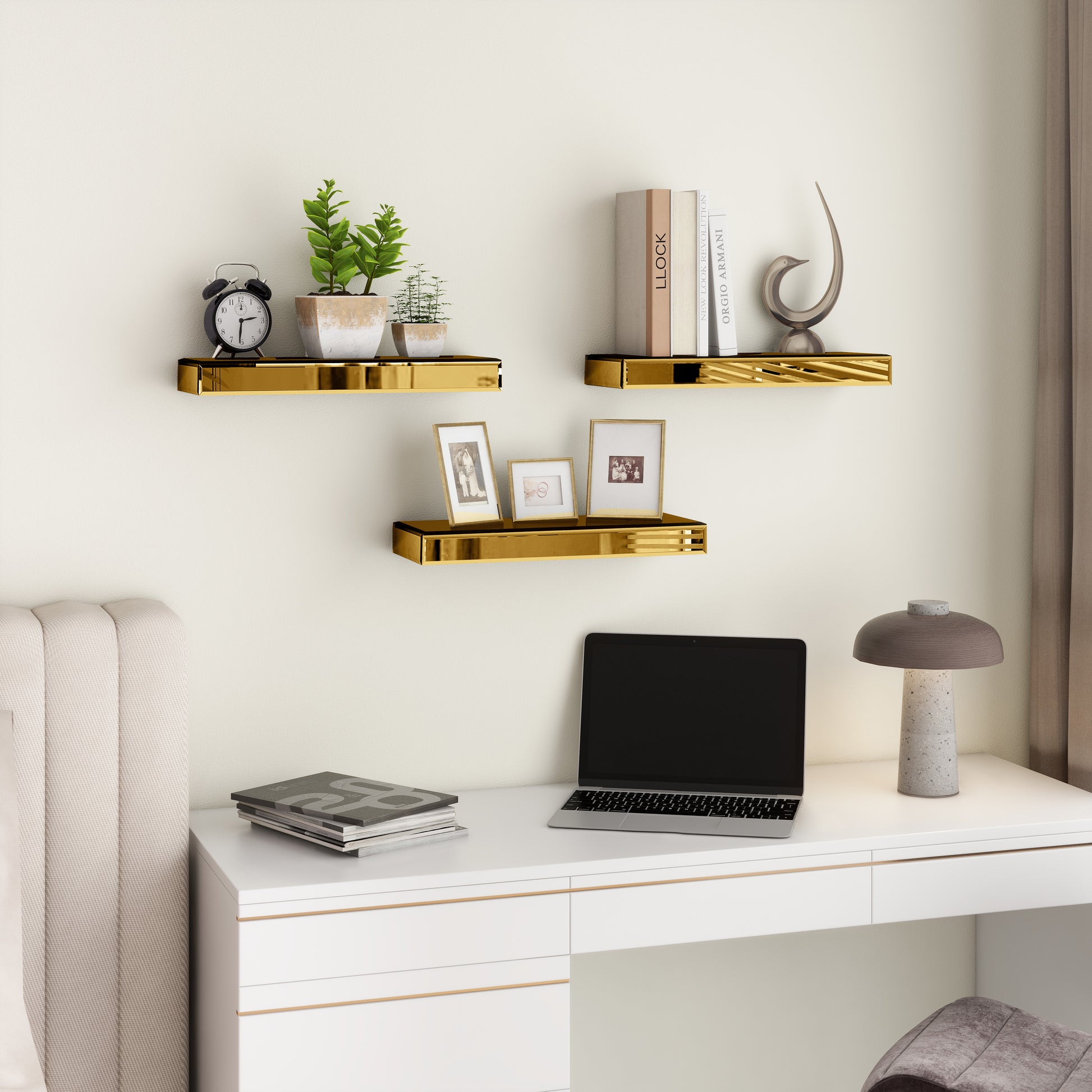 Set Of Three Gold Glass Wall Mounted Floating Shelf-Wall Mounted Shelves-DECOROLALA