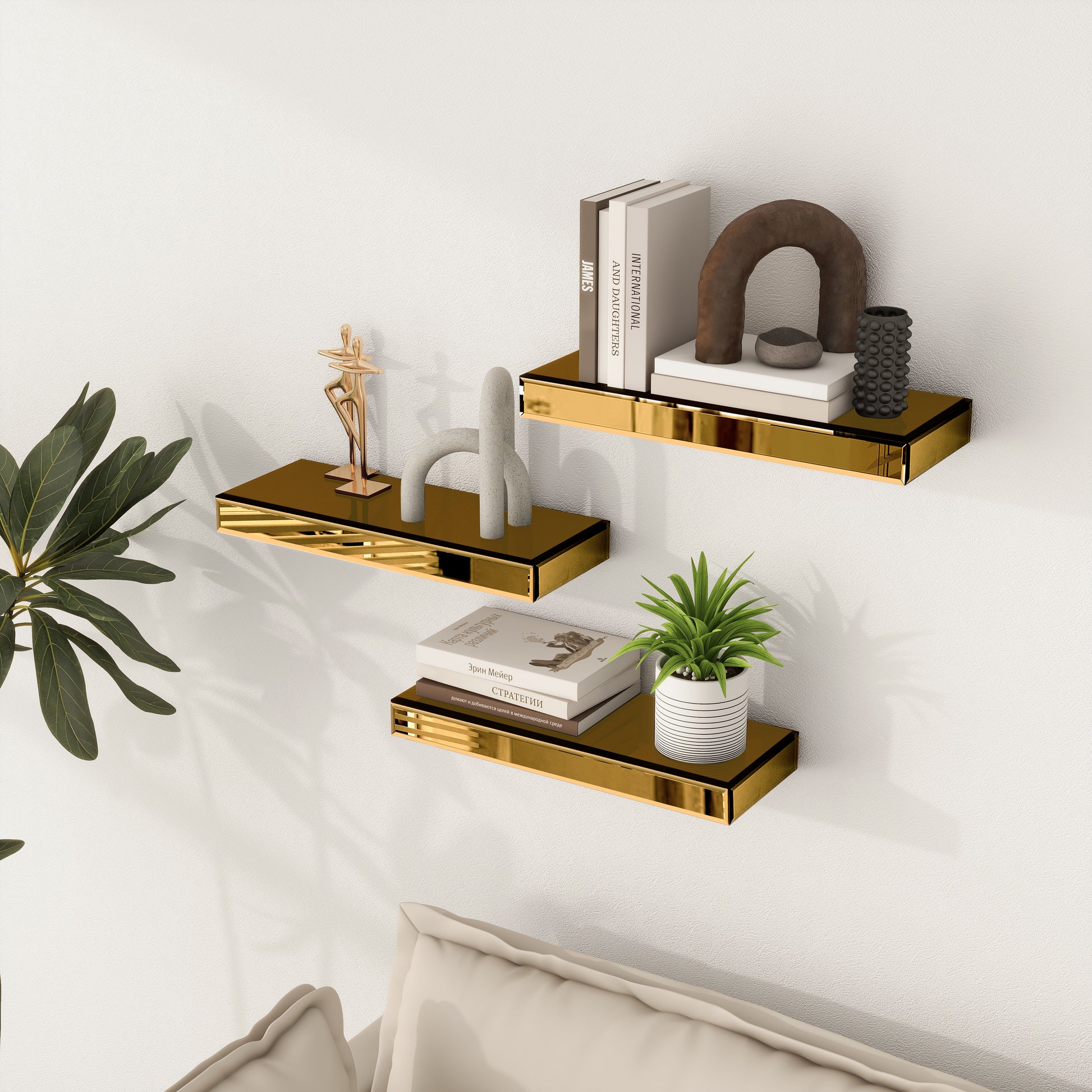 Set Of Three Gold Glass Wall Mounted Floating Shelf-Wall Mounted Shelves-DECOROLALA