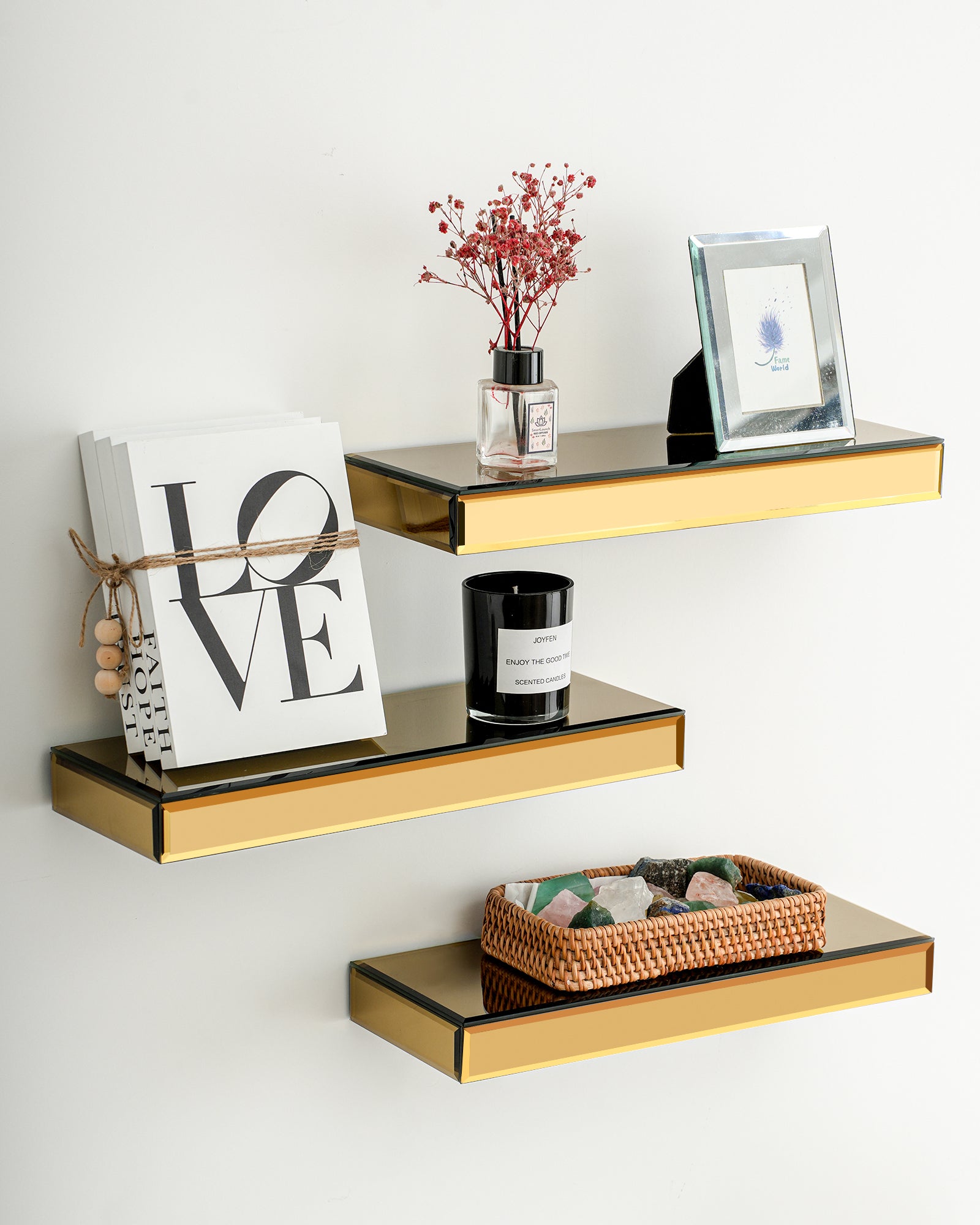 Set Of Three Gold Glass Wall Mounted Floating Shelf-Wall Mounted Shelves-DECOROLALA