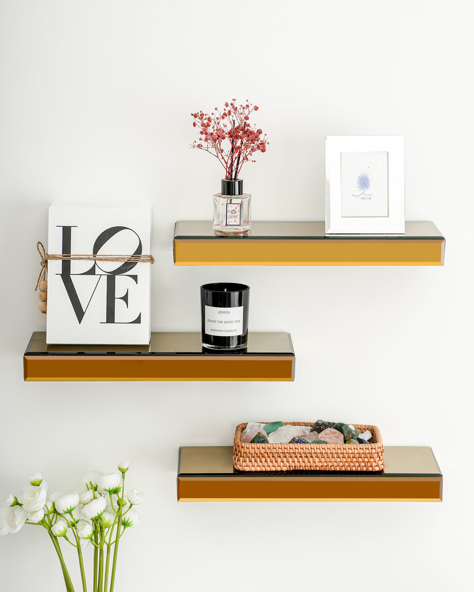 Set Of Three Gold Glass Wall Mounted Floating Shelf-Wall Mounted Shelves-DECOROLALA