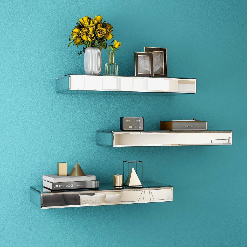 Set Of Three Silver Glass Wall Mounted Floating Shelf-Wall Mounted Shelves-DECOROLALA