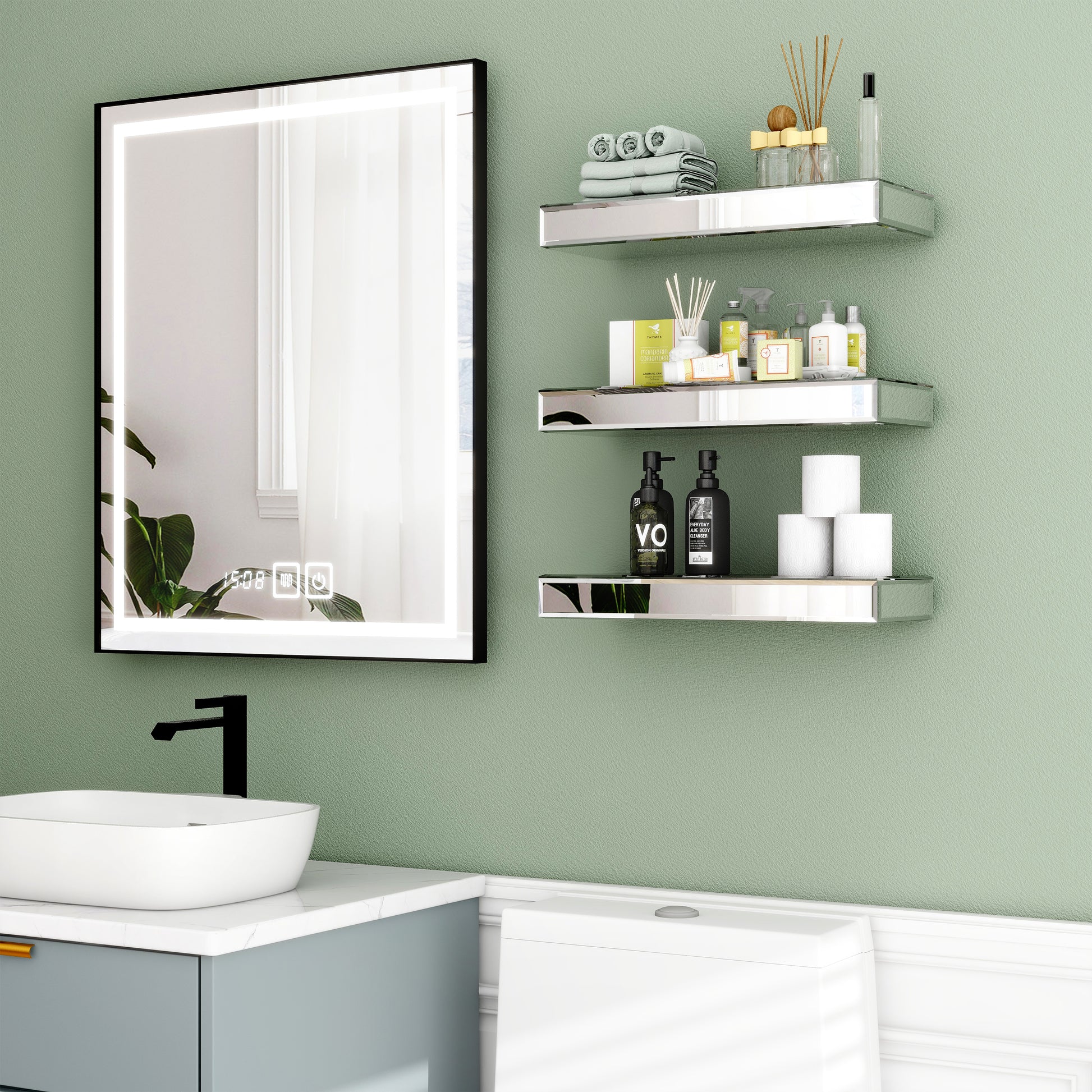 Set Of Three Silver Glass Wall Mounted Floating Shelf-Wall Mounted Shelves-DECOROLALA
