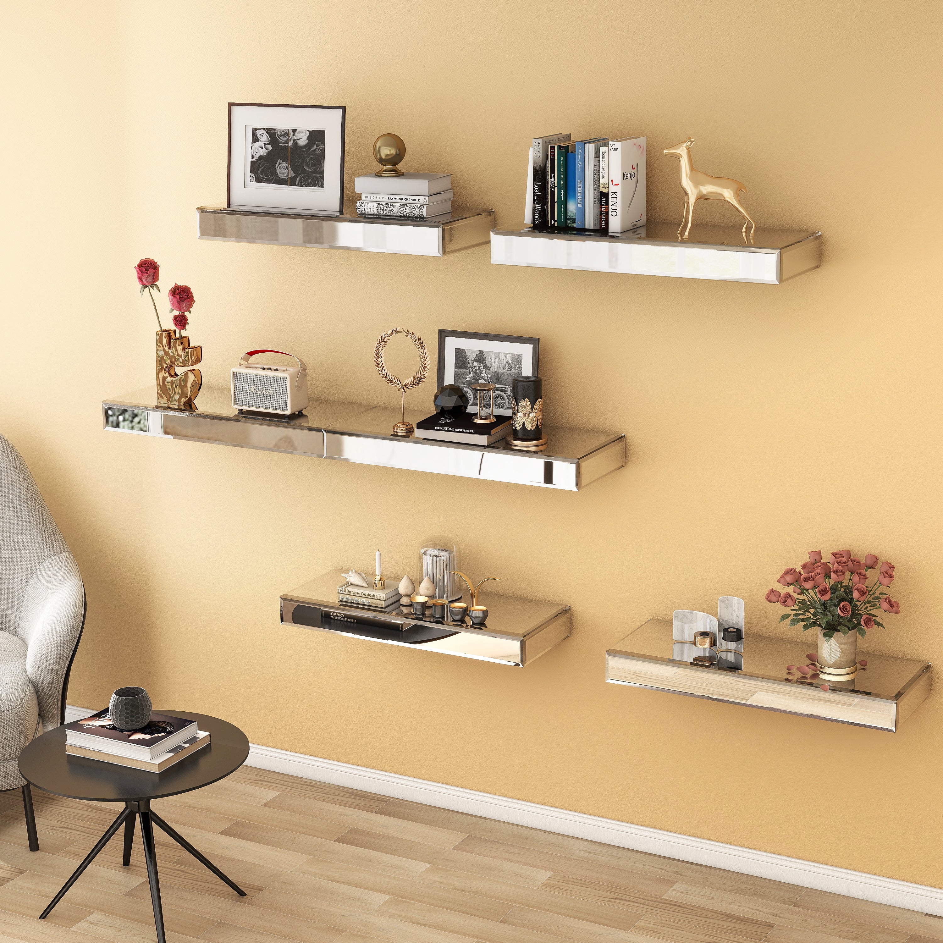 Set Of Three Silver Glass Wall Mounted Floating Shelf-Wall Mounted Shelves-DECOROLALA