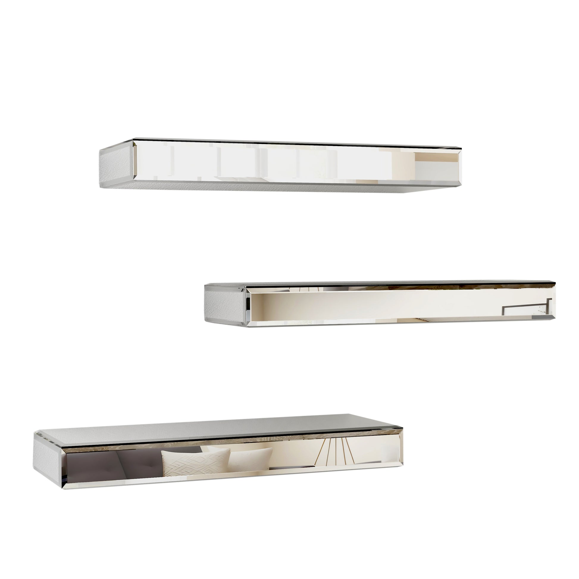 Set Of Three Silver Glass Wall Mounted Floating Shelf-Wall Mounted Shelves-DECOROLALA