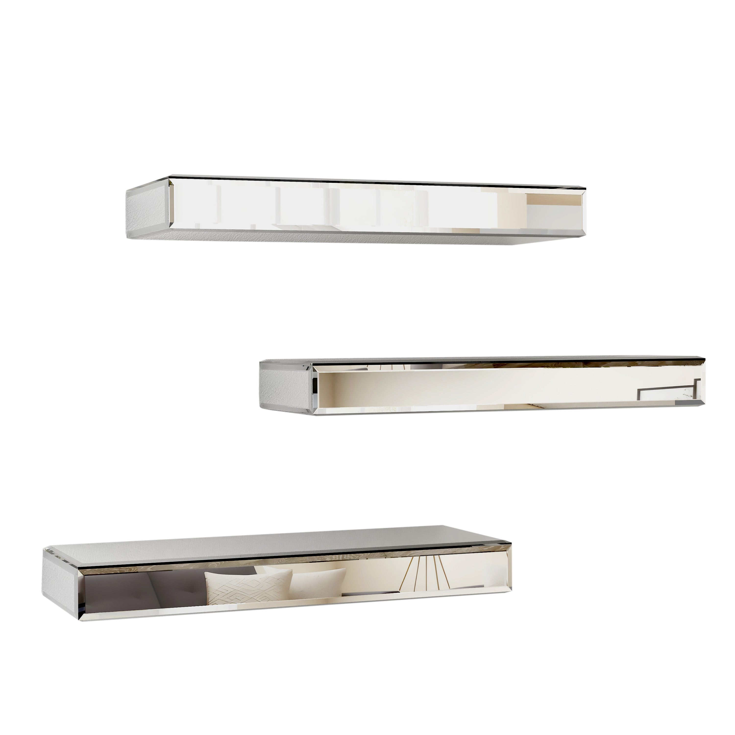 Set Of Three Silver Glass Wall Mounted Floating Shelf-Wall Mounted Shelves-DECOROLALA