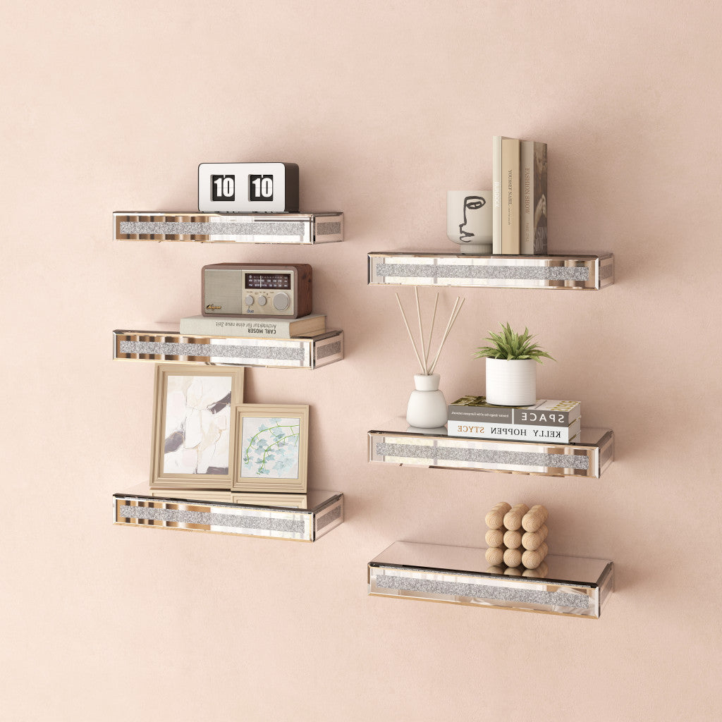 Set Of Six Silver Glass Wall Mounted Floating Shelf-0