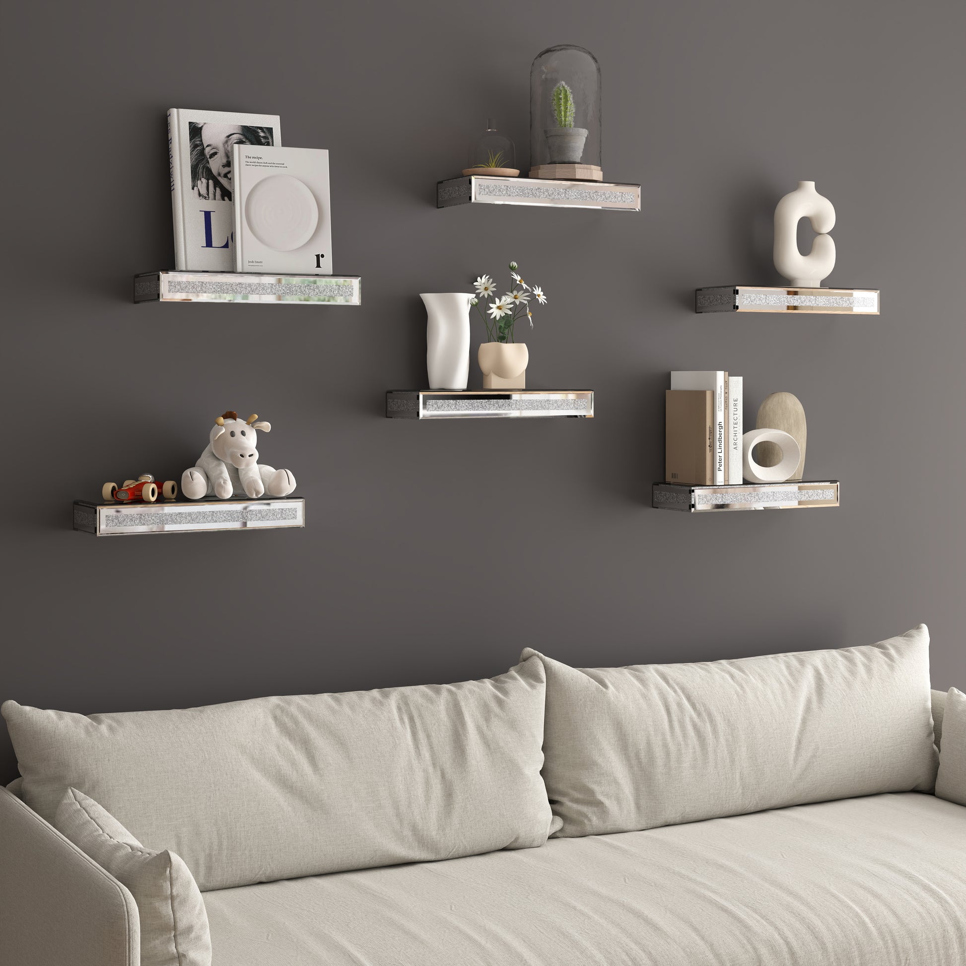 Set Of Six Silver Glass Wall Mounted Floating Shelf-1