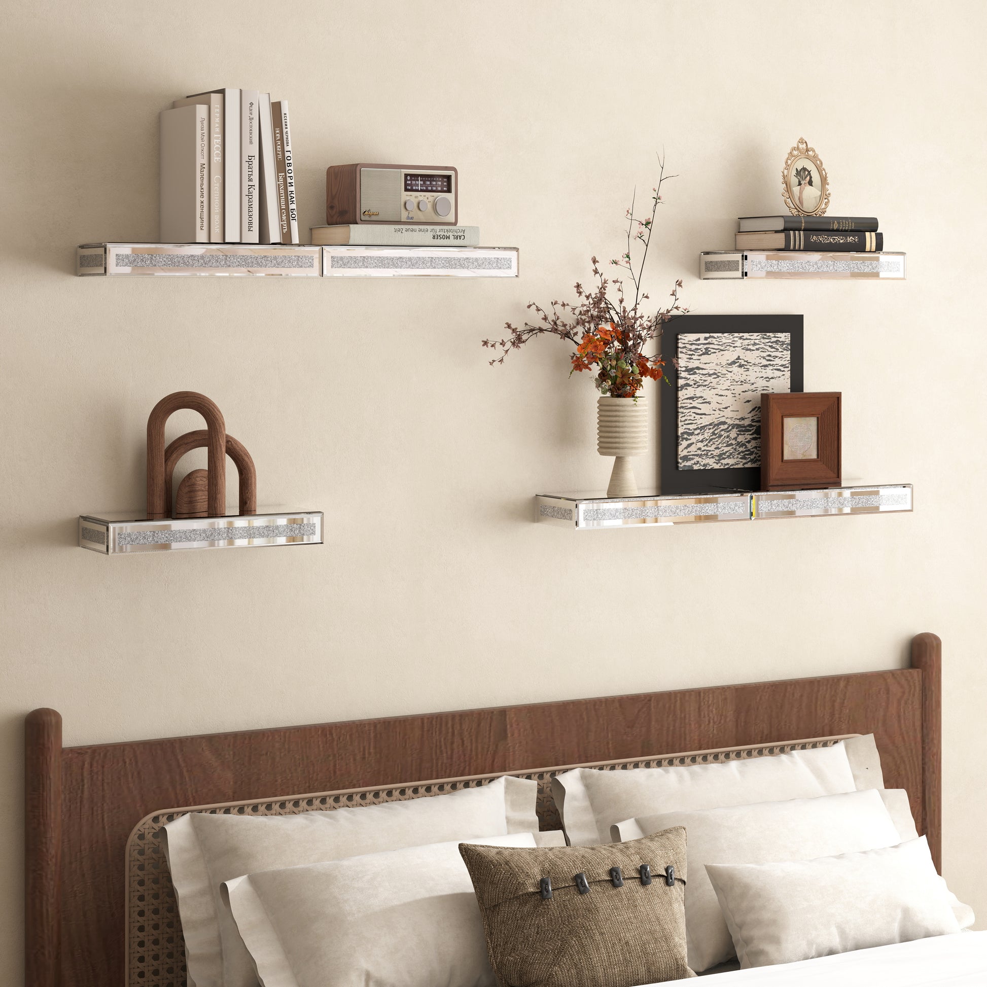 Set Of Six Silver Glass Wall Mounted Floating Shelf-2