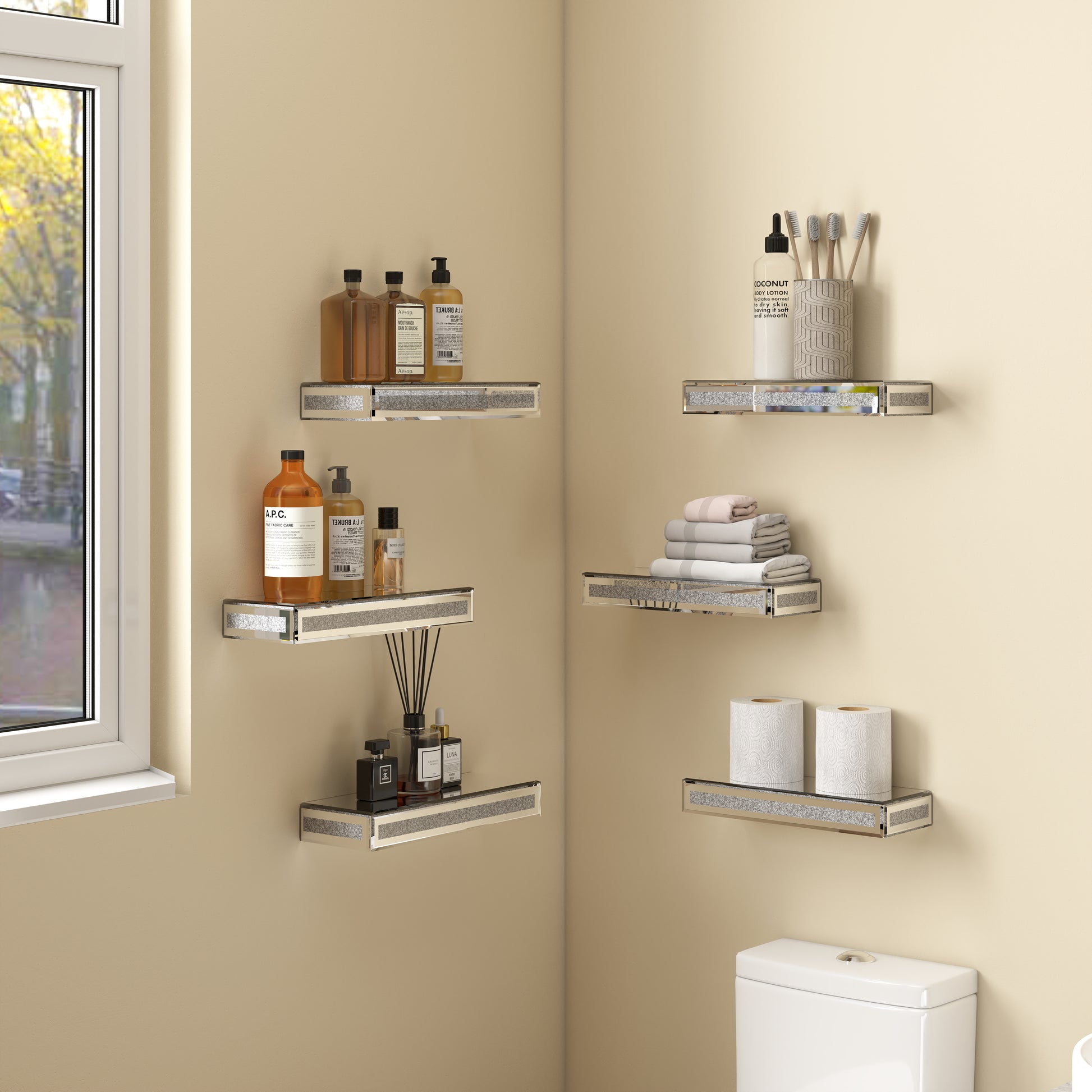 Set Of Six Silver Glass Wall Mounted Floating Shelf-3