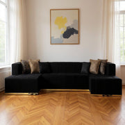 Black Velvet U Shaped Three Piece Sofa and Chaise Sectional With Toss Pillows-0