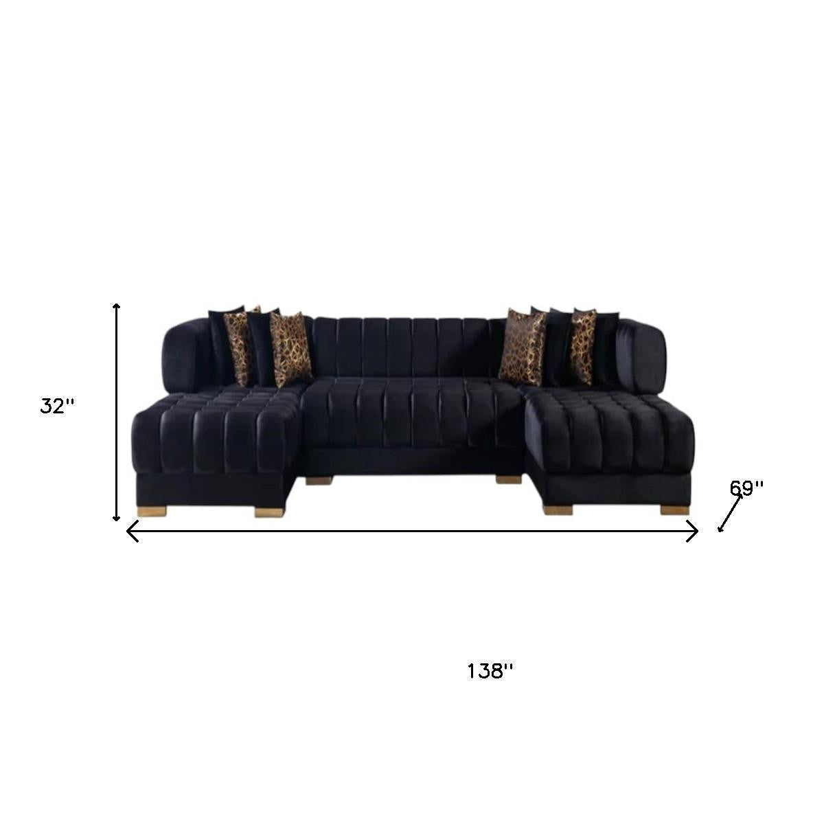 Black Velvet U Shaped Three Piece Sofa and Chaise Sectional With Toss Pillows-7
