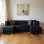 Black Velvet U Shaped Three Piece Sofa and Chaise Sectional With Toss Pillows-0