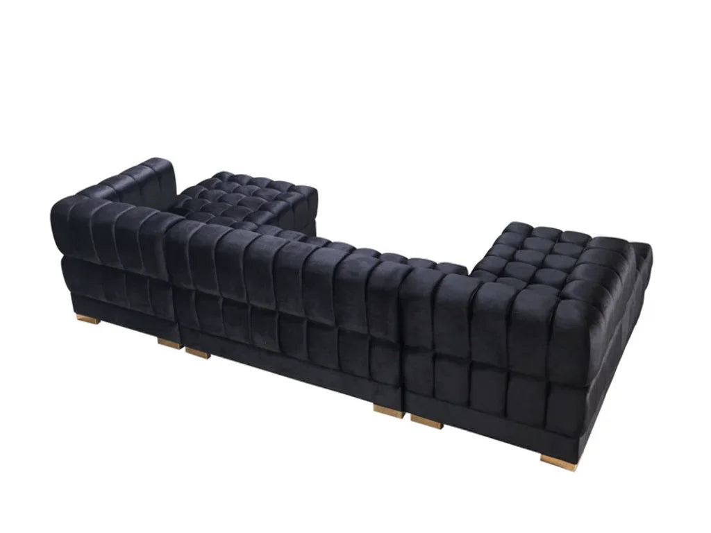 Black Velvet U Shaped Three Piece Sofa and Chaise Sectional With Toss Pillows-3