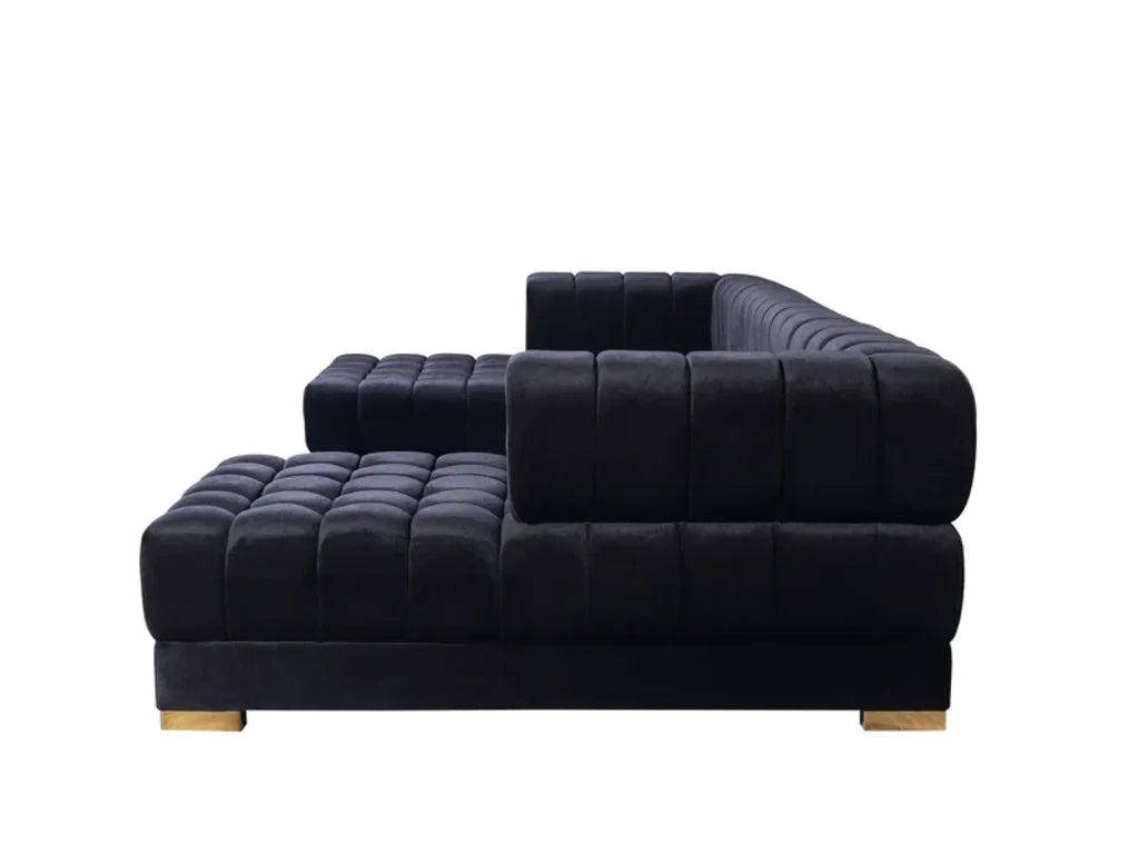 Black Velvet U Shaped Three Piece Sofa and Chaise Sectional With Toss Pillows-4