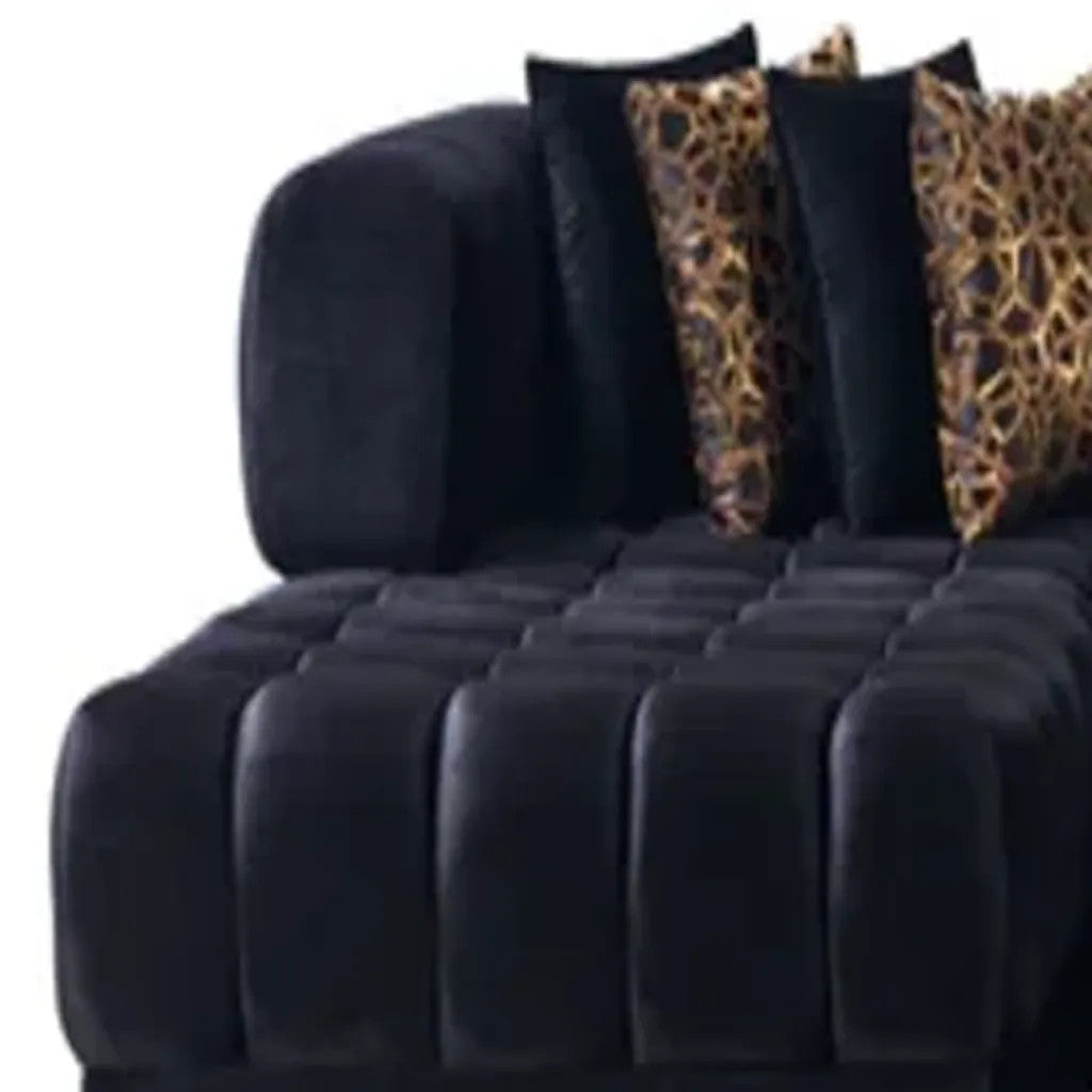 Black Velvet U Shaped Three Piece Sofa and Chaise Sectional With Toss Pillows-5