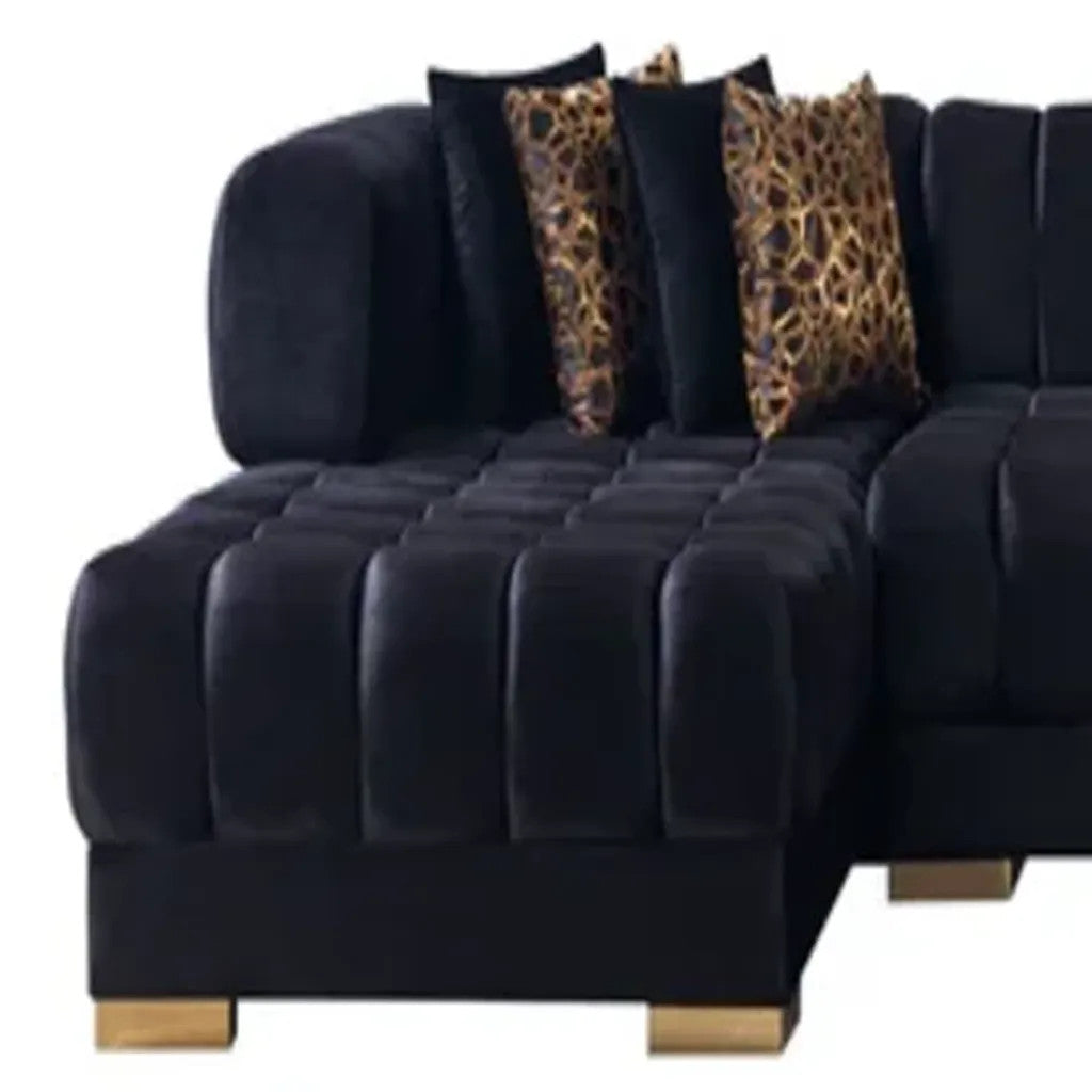 Black Velvet U Shaped Three Piece Sofa and Chaise Sectional With Toss Pillows-6