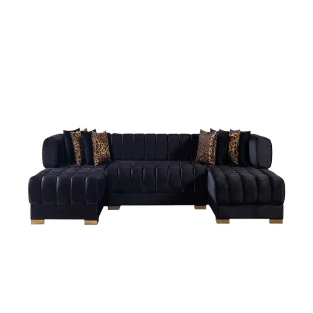 Black Velvet U Shaped Three Piece Sofa and Chaise Sectional With Toss Pillows-1
