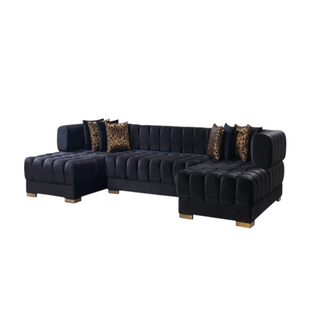 Black Velvet U Shaped Three Piece Sofa and Chaise Sectional With Toss Pillows-2