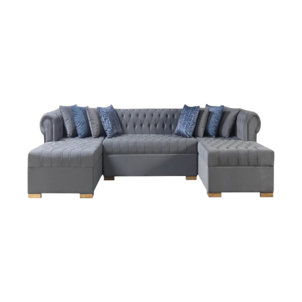 Gray Velvet U Shaped Three Piece Sofa and Chaise Sectional With Toss Pillows-1