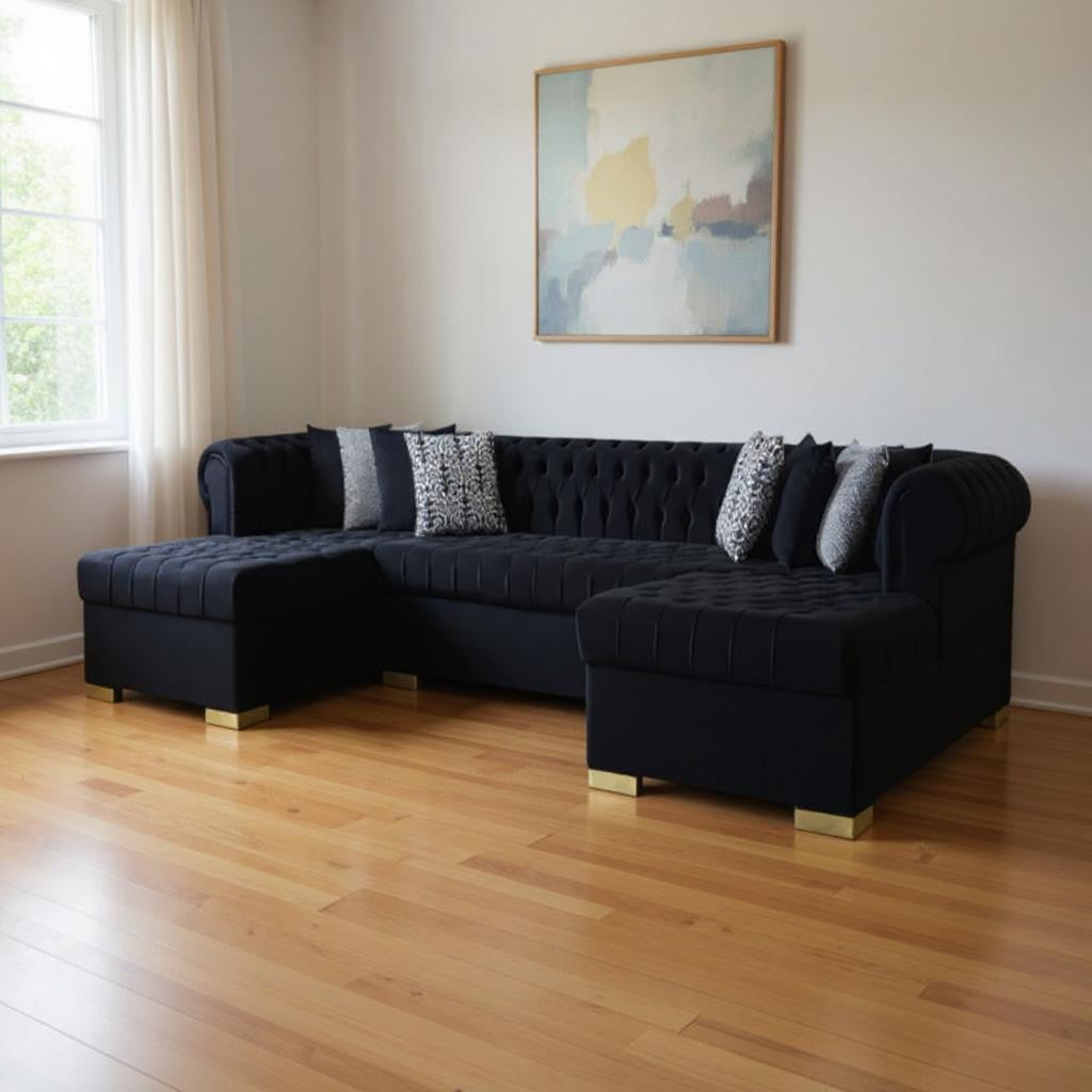Black Velvet U Shaped Three Piece Sofa and Chaise Sectional With Toss Pillows-0