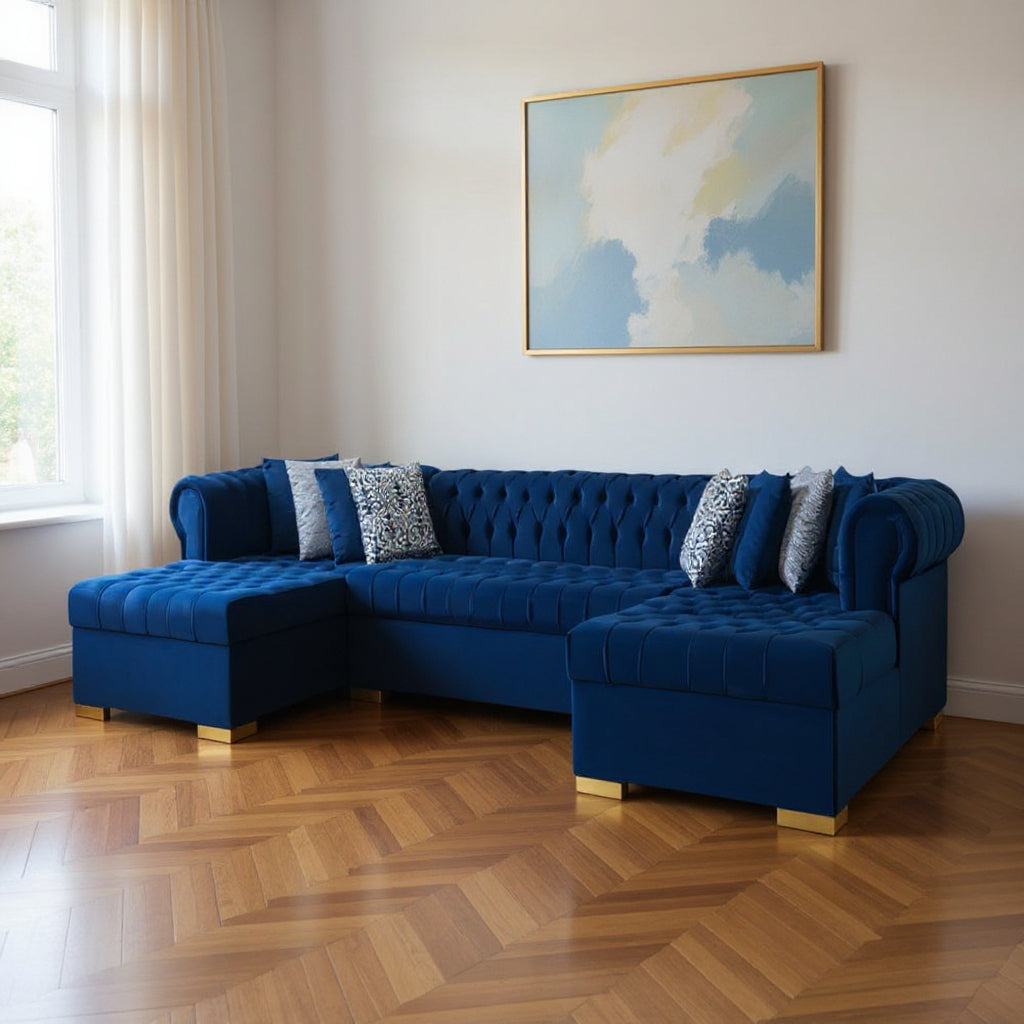 Blue Velvet U Shaped Three Piece Sofa and Chaise Sectional With Toss Pillows-0