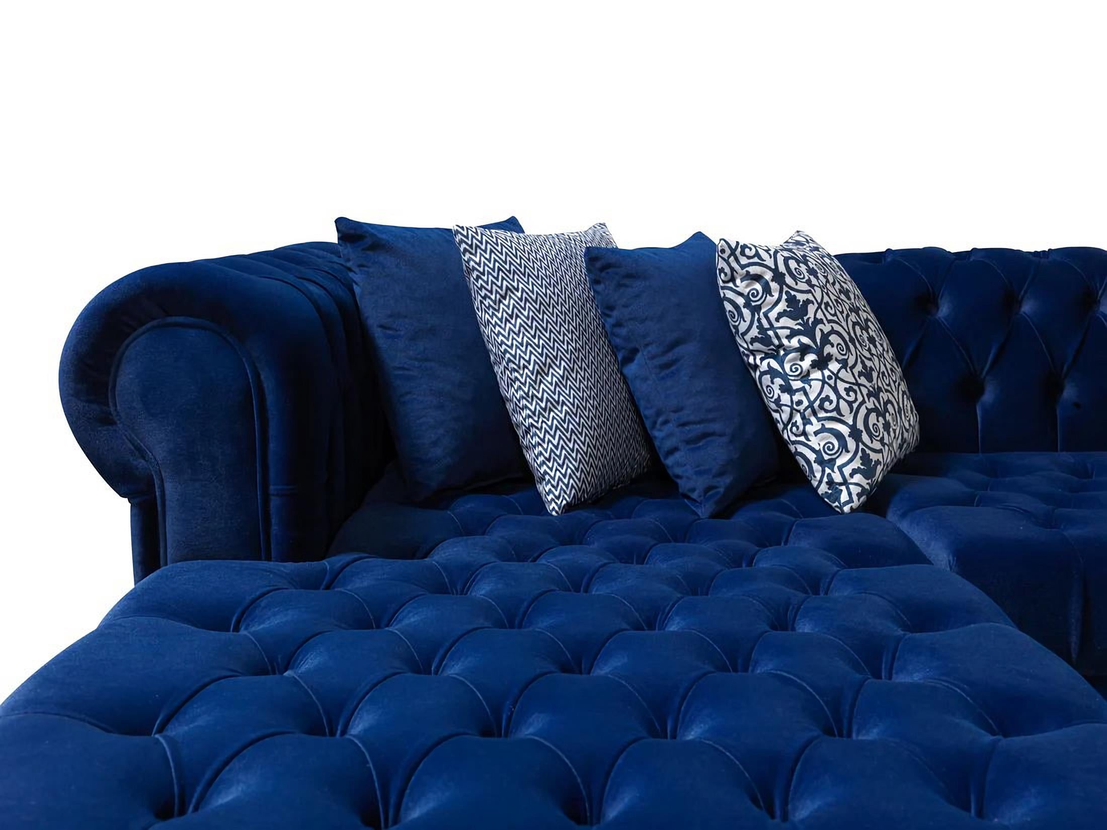 Blue Velvet U Shaped Three Piece Sofa and Chaise Sectional With Toss Pillows-4