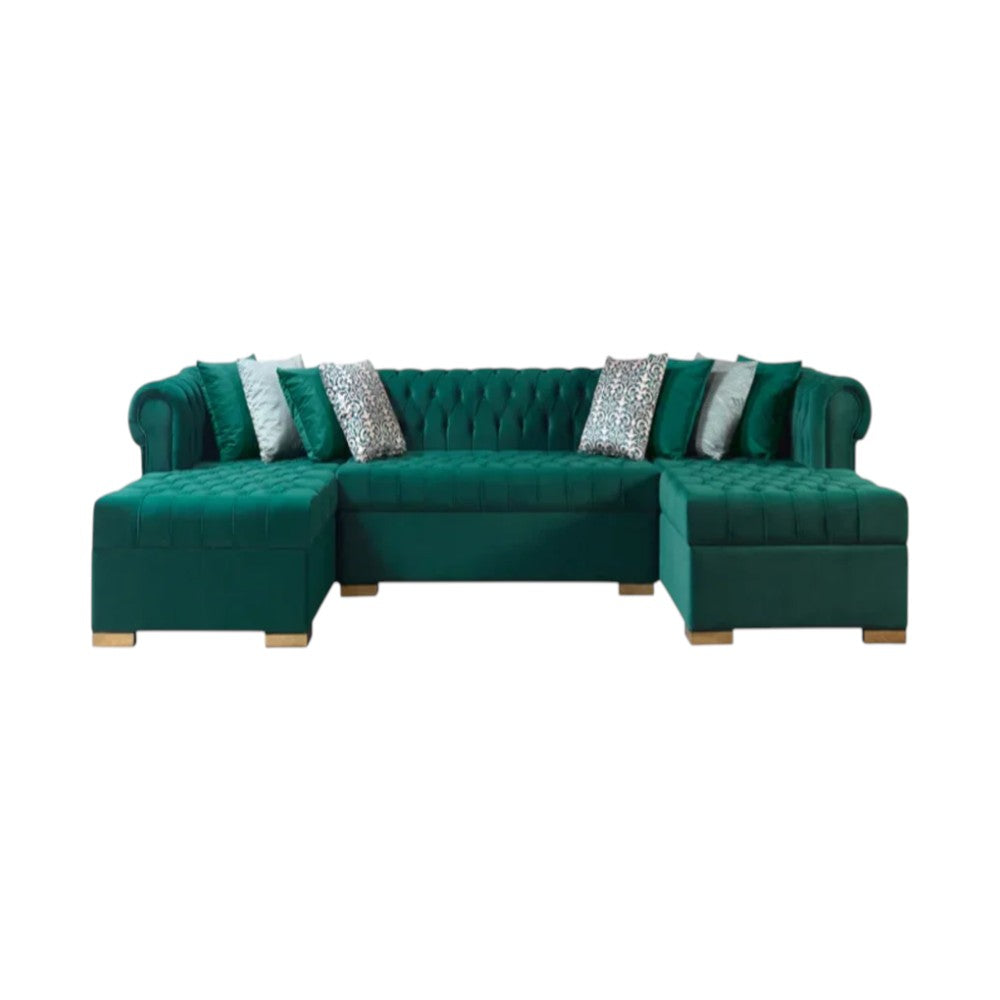 Green Velvet U Shaped Three Piece Sofa and Chaise Sectional With Toss Pillows-1