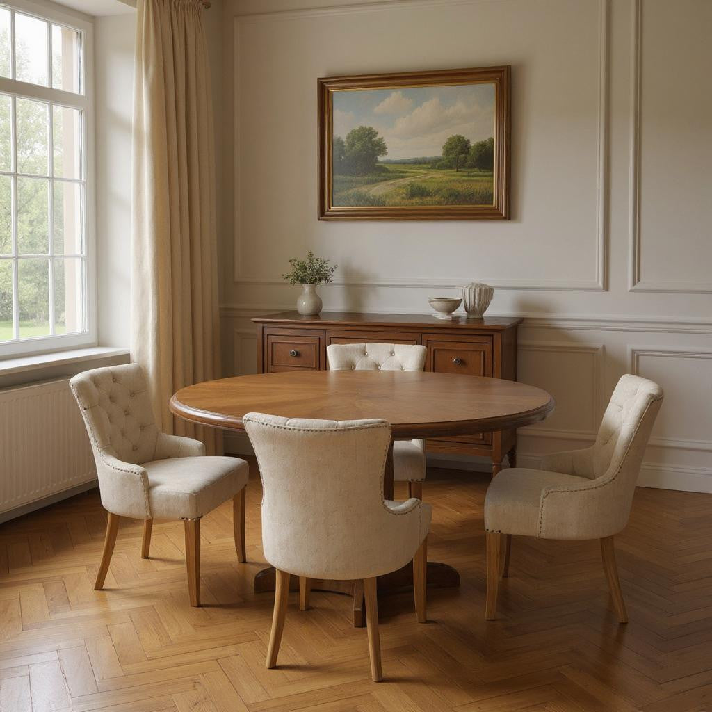 Five Piece Brown Round Solid Wood Dining Set with Four Chairs-Dining Sets-DECOROLALA