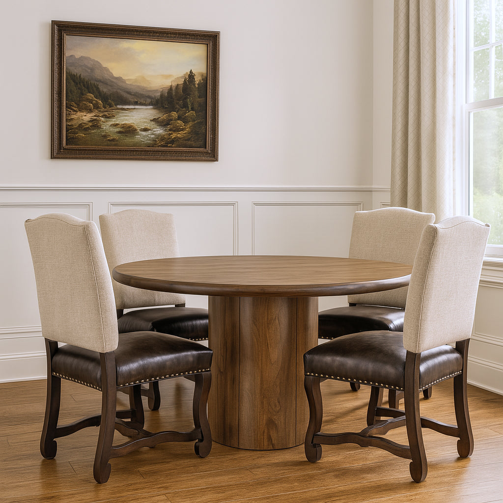 Five Piece Brown Round Solid Wood Dining Set with Four Chairs-Dining Sets-DECOROLALA